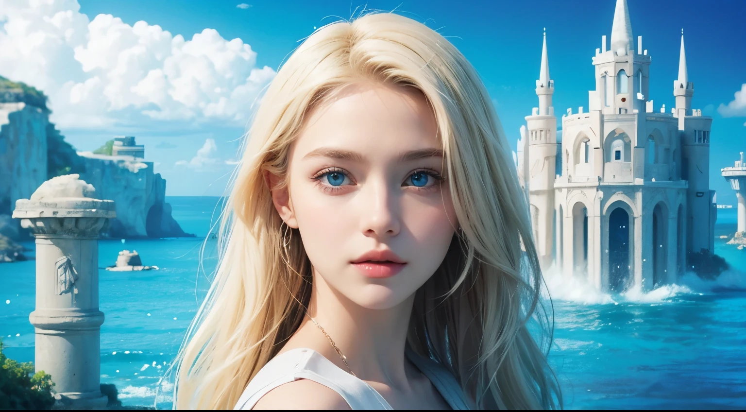 A beautiful woman. Blonde hair and blue eyes. He is wearing loose white clothing. An image of the city of Atlantis, which has sunk to the bottom of the ocean and disappeared, in the background.