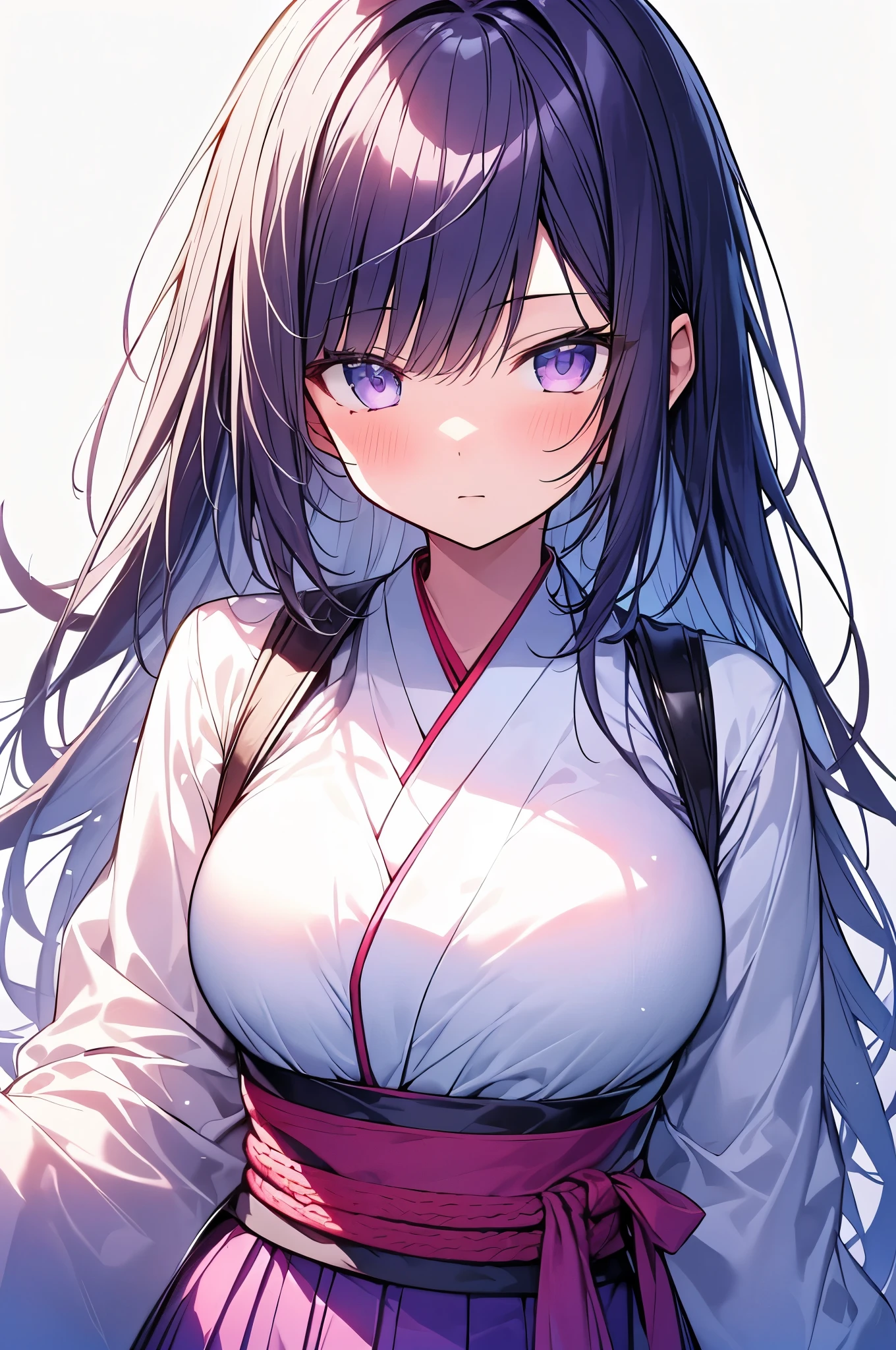(Best Quality,8K,16k,high,masutepiece:1.4), (Ultra-detailed, ultra-detail, complexly detailed, finely detail, Hyper Detail REIT), Digital Enhancement, ultra-detailed digital anime art, ray tracing, Ultra-detailed, Perfect Pixel, pastel color, Beautiful anime girl, (upper body shot:1.4), (white background:1.4), Teenage girl, 1girl in, Single, Solo, small head, ultra-detailed face, Detailed eyes, big breasts, long hair, straight hair, (light purple hair), (light purple eyes:1.3), (japanese white clothes,purple hakama), expressionless,