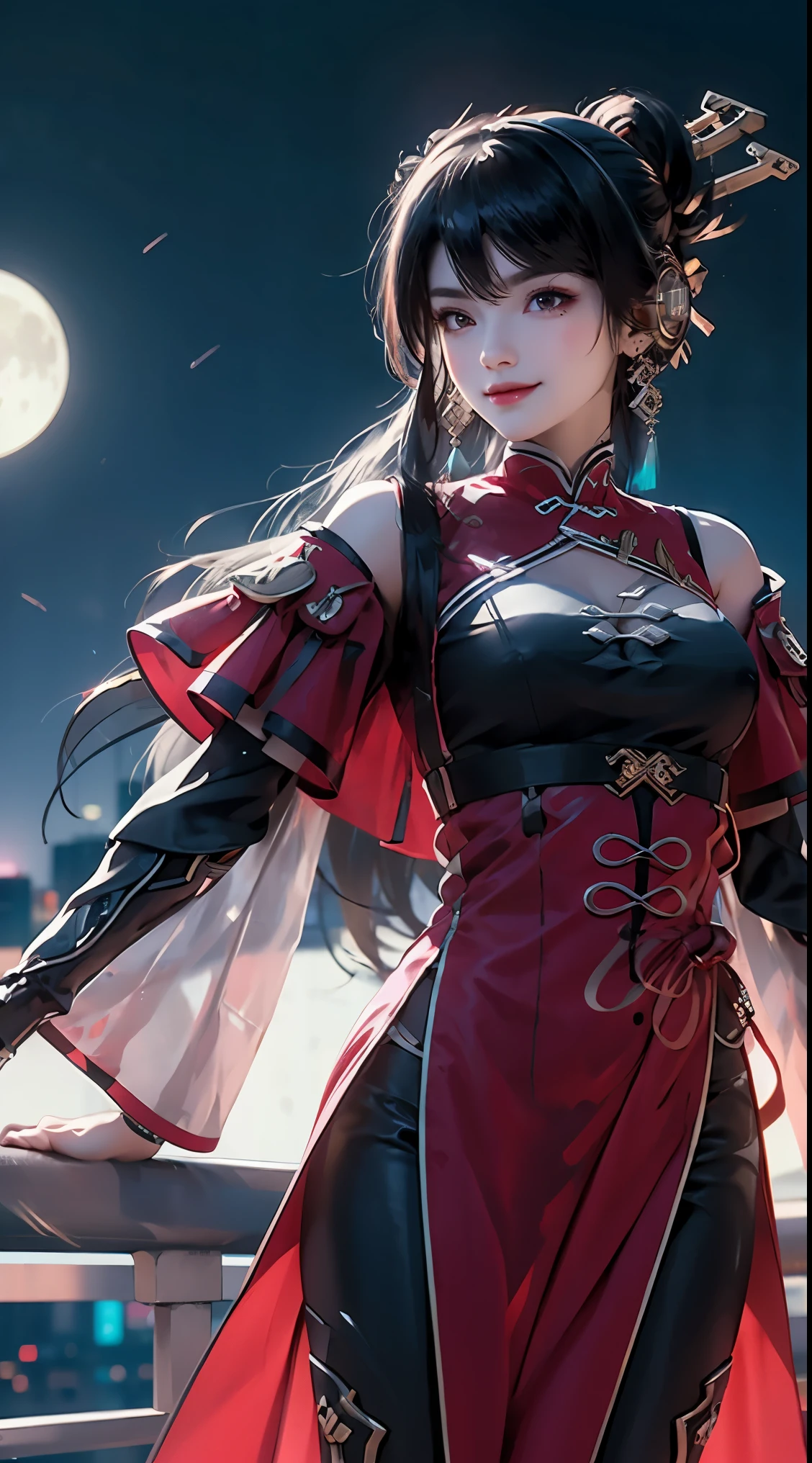 1 girl, Chinese_clothes, liquid silver and red, cyberhanfu, cheongsam, cyberpunk city, dynamic pose, glowing headphones, glowing hair accessories, long dark brown hair, glowing earrings, glowing necklace, cyberpunk, high-tech city, full of mechanical and futuristic elements, futuristic, technology, glowing neon, pink, blue light, transparent tulle, transparent streamers, laser, digital background urban sky, big moon, with vehicles, best quality, masterpiece, 8K, character edge light, Super high detail, high quality, the most beautiful woman in human beings, smiling slightly, face facing front and left and right symmetry, ear decoration, beautiful pupil light effects, visual data, silver-white hair, hair is not messy, long hair over the waist, luminous electronic watch, deep eyes, serious, English doodling