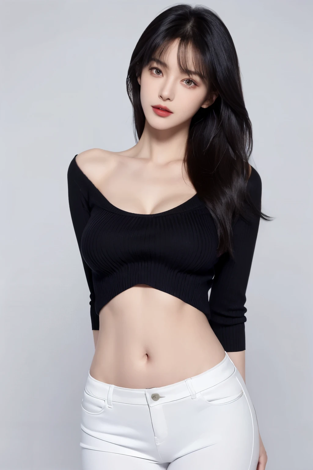 （lifelike,high resolution：1.3）， A slim girl， The face shape and eyes are super delicate,black hair,red glossy lips,(beautiful face), (best quality), (Super detailed), (Extremely detailed CG unified 8k wallpaper),((tight jumper)),(White background),(cleavage),(Model photo),sexy look,big eyes,(standing),(air bangs),(Slim waistline)，Eyes look at the audience,Teardrop-shaped breasts,soft breasts,very realistic breasts,The character is centered,black hair