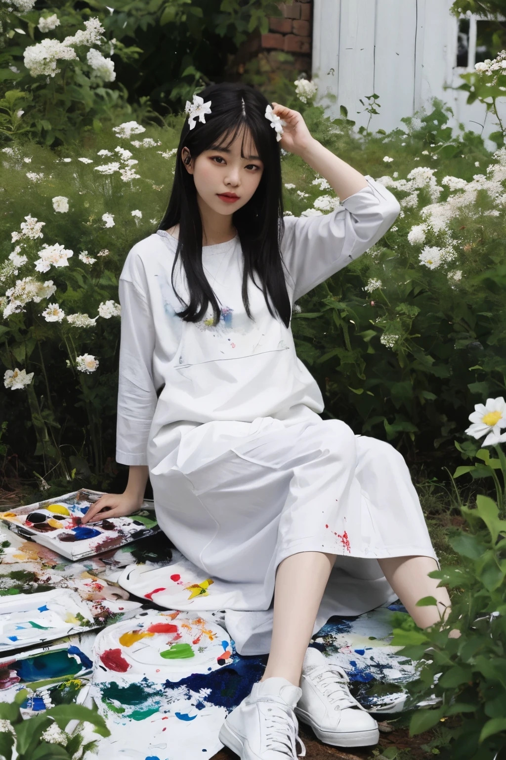 (painting:1.5),
\\
One with black hair、Asian woman with white flowers in her hair lying in a field of white flowers, Wearing Converse canvas shoes(Amy Saul:0.248), (Liu Stanley:0.106), (a detailed painting:0.353), (gothic art:0.106)