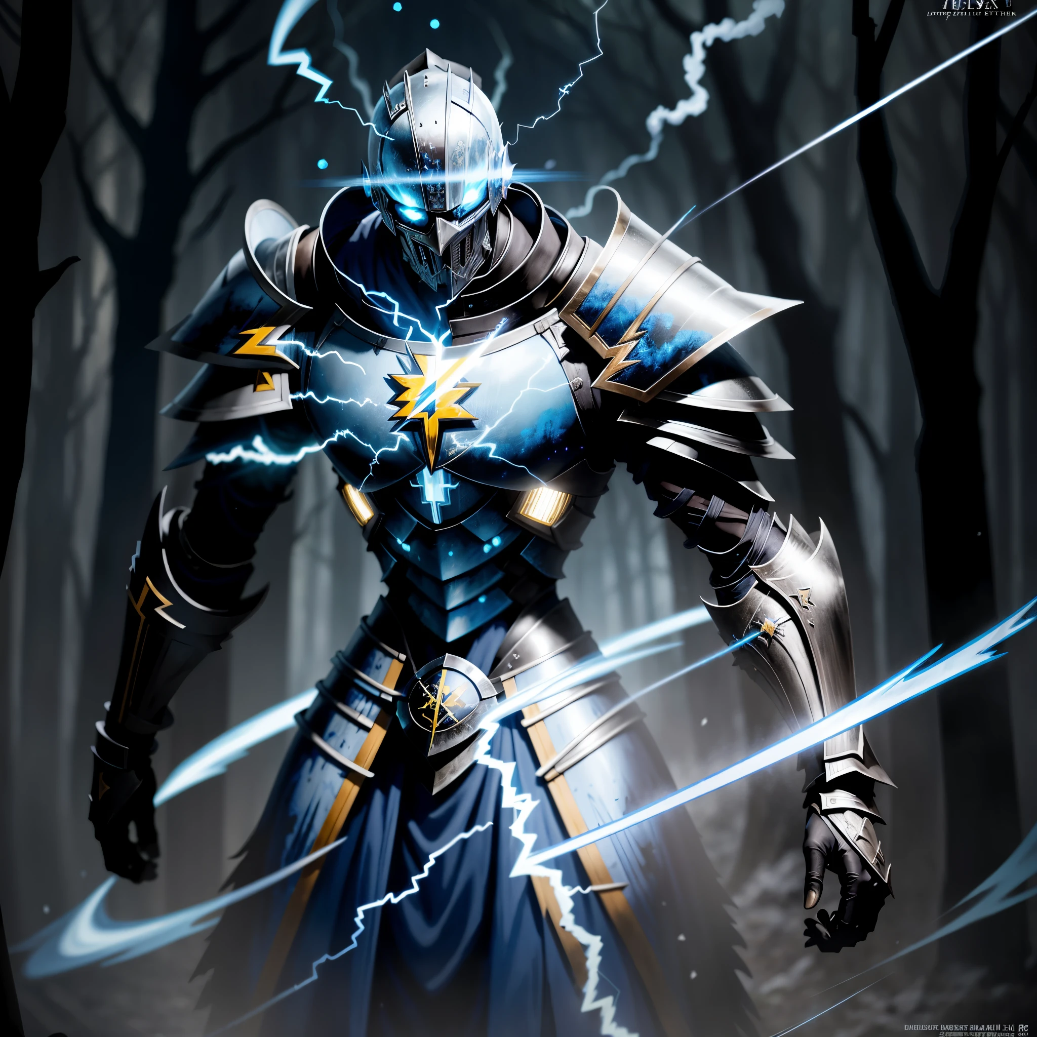 (Blue and black lightning particles emanating around the undead knight), background is dark forest, clear HD, 8K resolution, very detailed, digital painting, concept art, Shinkai Makoto style, pop popularization trend, pop, pop trend, pop trend on pixiv.