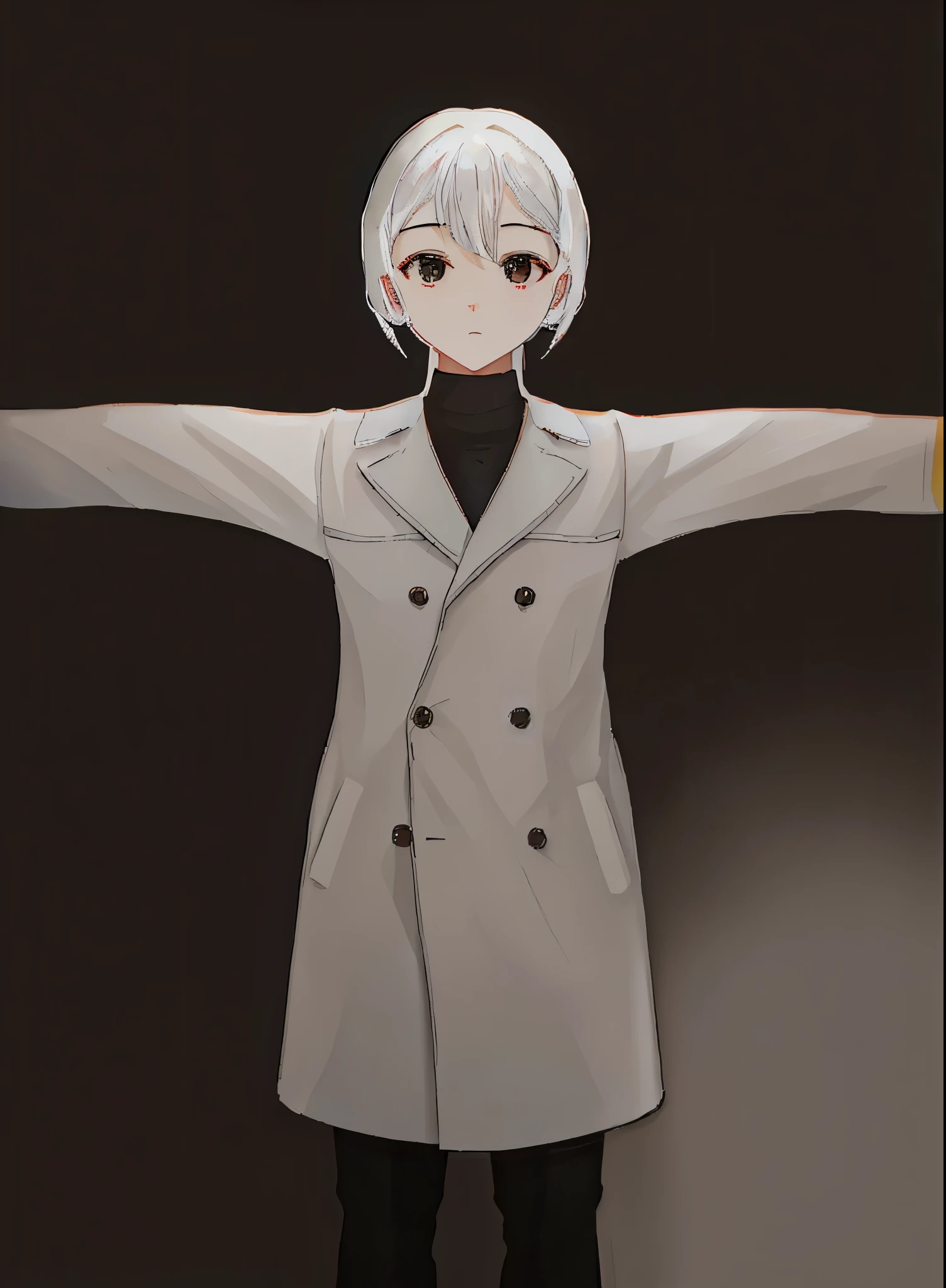 1girl, solo, standing, looking at viewer, white hair, black eyes, expressionless, long sleeves, white coat, outstretched arms, spread arms, black pants, sunset, garden, scenery, illustration, masterpiece, best quality, absurdres, highres, cinematic lighting