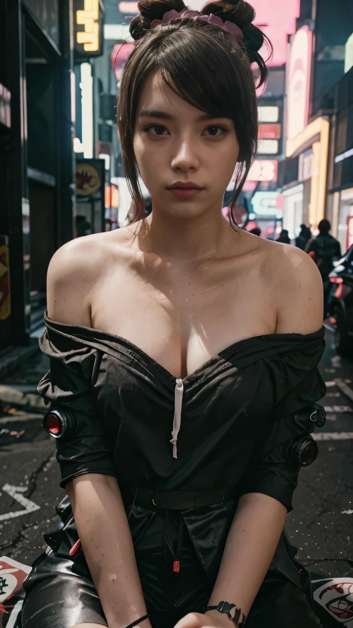 a woman in a off shoulder kimono sitting on the street, cyberpunk art style, cyberpunk 2 0 y. o model girl, hyper-realistic cyberpunk style, cyberpunk vibes, cyberpunk style ， hyperrealistic, cyberpunk beautiful girl, cyberpunk art ultrarealistic 8k, cyberpunk girl, cyberpunk art, female cyberpunk anime girl, in cyberpunk style, cyberpunk judy alvarez