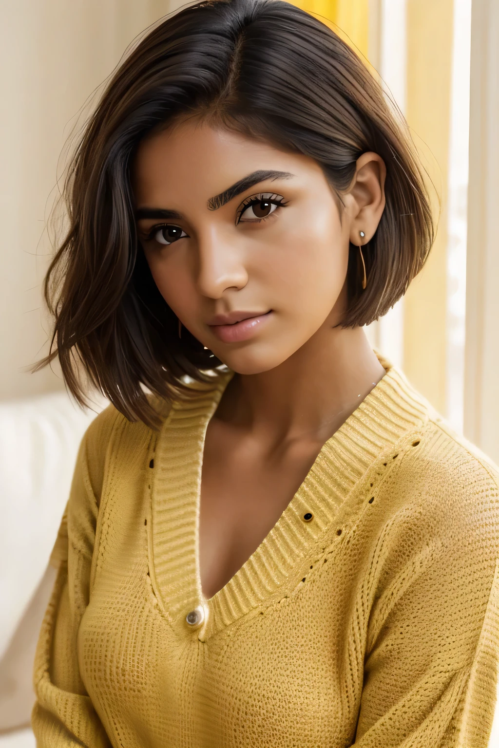 1 chica, edad 21, mexicana, mirando al espectador, pelo rubio corto, hombros descubiertos, Brown eyes, joya, cuerpo completo, un collar, fuera de los hombros, Pale yellow sweater, Realista, un sexy