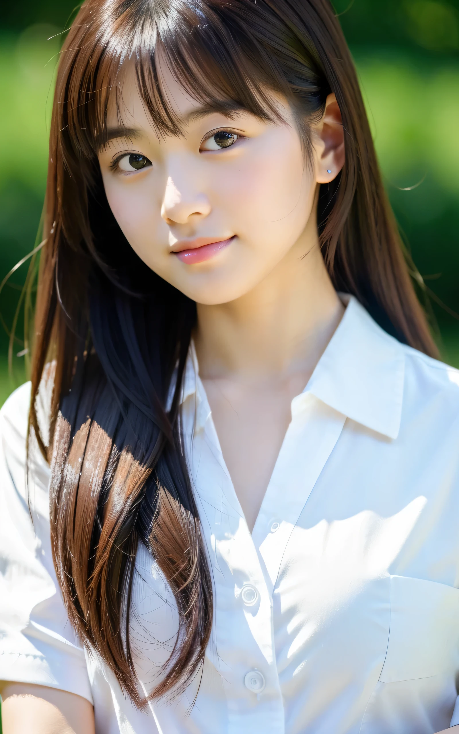 (masterpiece, highest quality, RAW photo, realistic:1.2), 1 girl, From above,  Gravure idol pose. looking at the viewer, mouth closed, smile, beautiful girl, cute, delicate girl, medium hair, written boundary depth, High resolution, Super detailed, detailed, 非常にdetailedな目と顔, realistic student, sharp focus, cinematic lighting, Upper body, Japanese high school student,