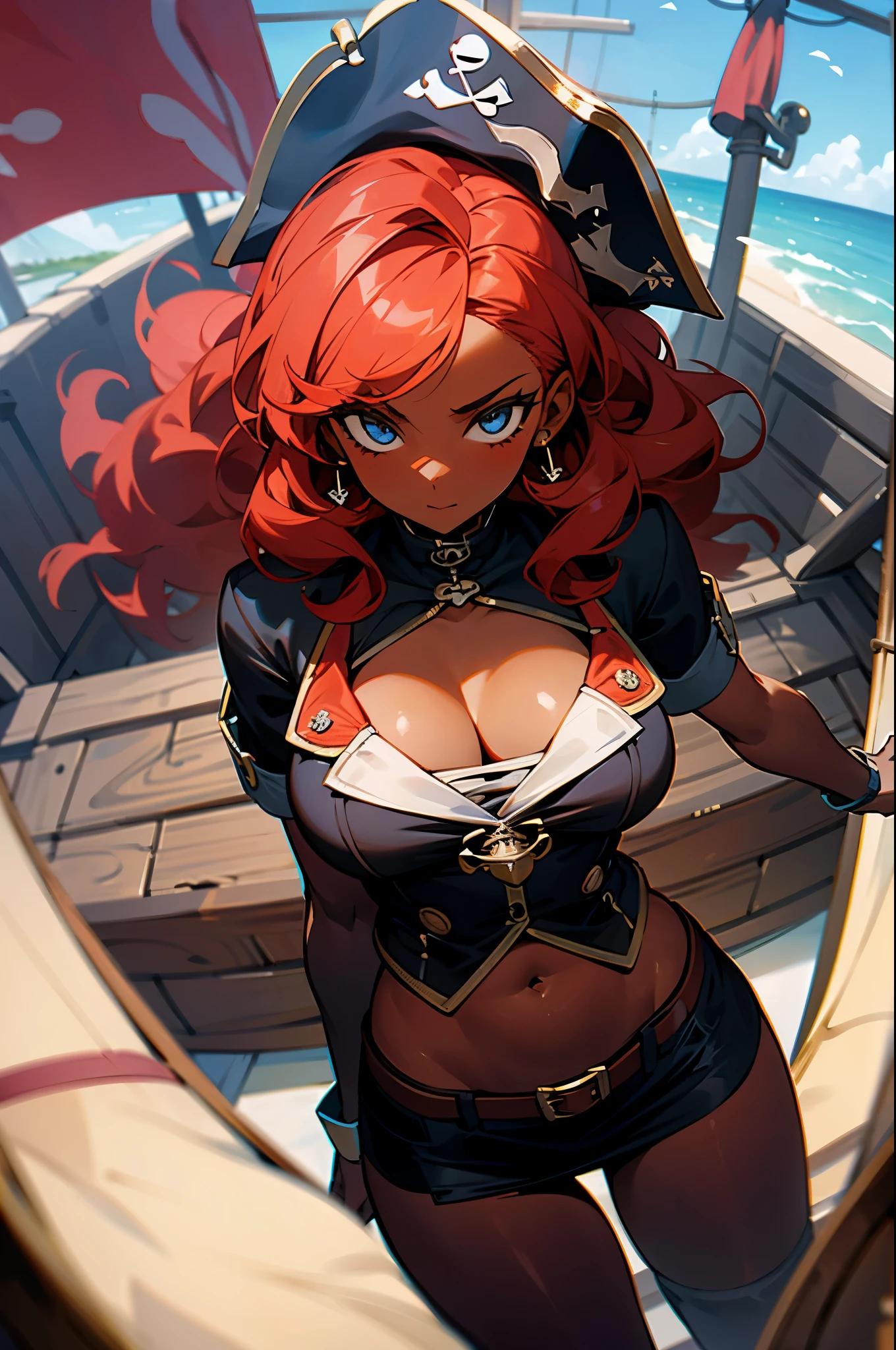 mini-skirt, pirate girl, dark skin, redhead, curly hair, tight top, cleavage, big body proportions, view from above her, pirate ship