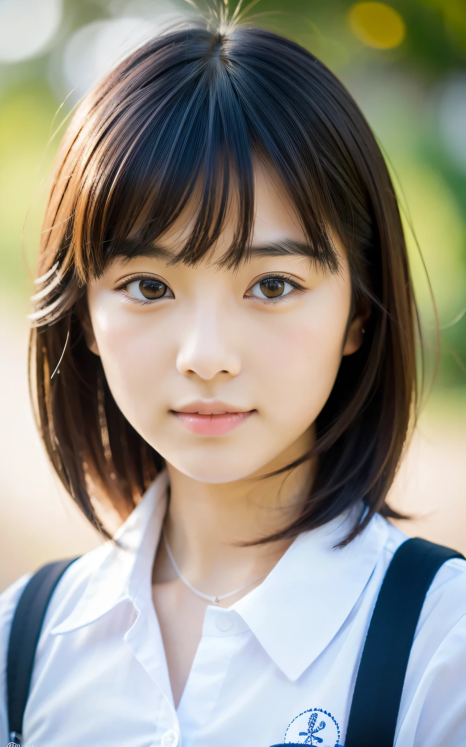 (masterpiece, highest quality, RAW photo, realistic:1.2), 1 girl, From above, Gravure idol pose. looking at the viewer, mouth closed, smile, beautiful girl, cute, delicate girl, medium hair, written boundary depth, High resolution, Super detailed, detailed, 非常にdetailedな目と顔, realistic student, sharp focus, cinematic lighting, Upper body, Japanese high school student,