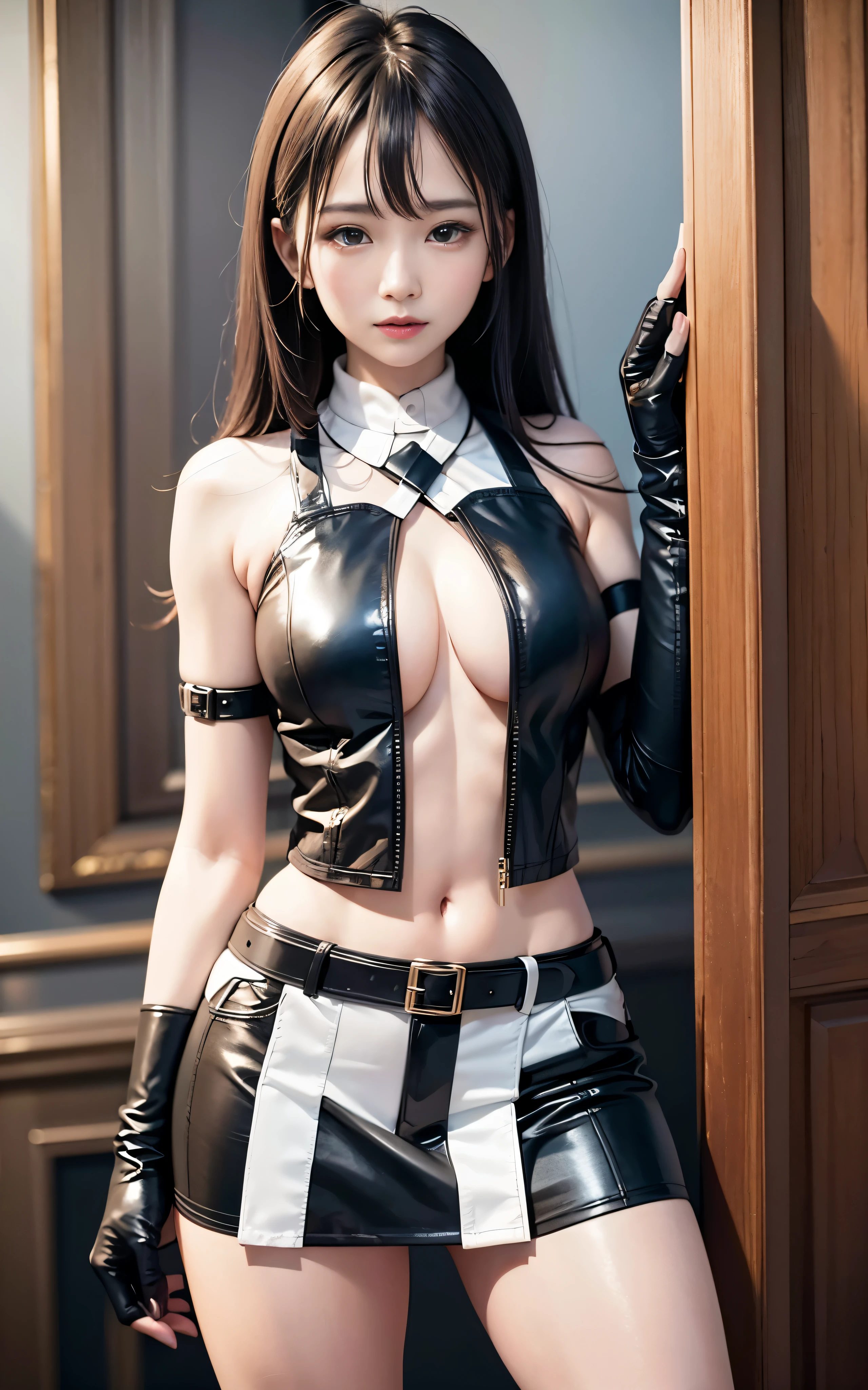 highest quality,masterpiece,High resolution,(beautiful face),looking at the viewer,Are standing,((Half body)),((White vest)),((black leather skirt)),gloved hands,right arm hanging down