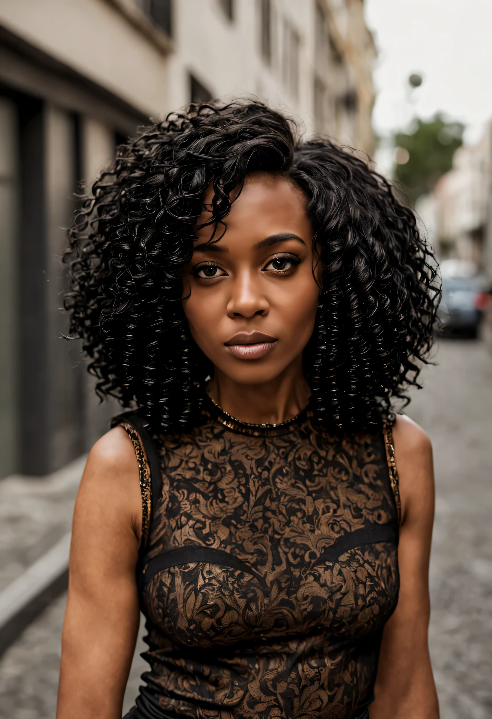 afro-americana de cerca de 40 anos de idade 8 polegadas de cabelo cacheado longo, cabelo cacheado e curto, cabelo preto curto e cacheado, Cabelo cacheado curto, franja encaracolado, cabelo cacheado muito curto, Messy curls, Cabelos Negros Cacheados Cabelos pretos naturais，fotografia de rua，(seios medios:1.3), Blusa modelo gucci com decote, fotografia de rua，canon EOS 35mm, f1.2, cinematic,