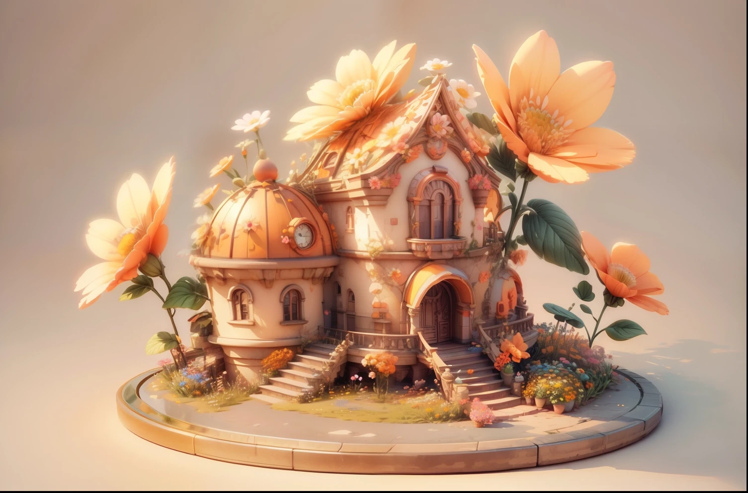Soft colors 3D, Detailed digital 3D art, orange pastel colors, stylized 3 d graphics, 3D complex shapes, flowers with intricate details, 3 d digital art, 3 d digital art, Academy 4D Art, Magical colorful flowers, 3D illustration, 4D Color Rendering