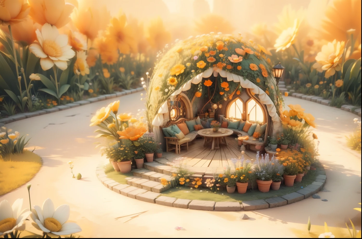 (best quality,4k,highres,masterpiece:1.2), ultra-detailed, realistic:1.37, 3D artwork with soft colors, intricate 3D digital art, soft orange color palette, stylized 3D graphics, complex 3D shapes, flowers with intricate details, digital artwork with 3D graphics, digital artwork with 3D visuals, immersive 4D art installation, vibrant and magical seven-color flowers, 3D illustration, 4D color rendering of a courtyard.