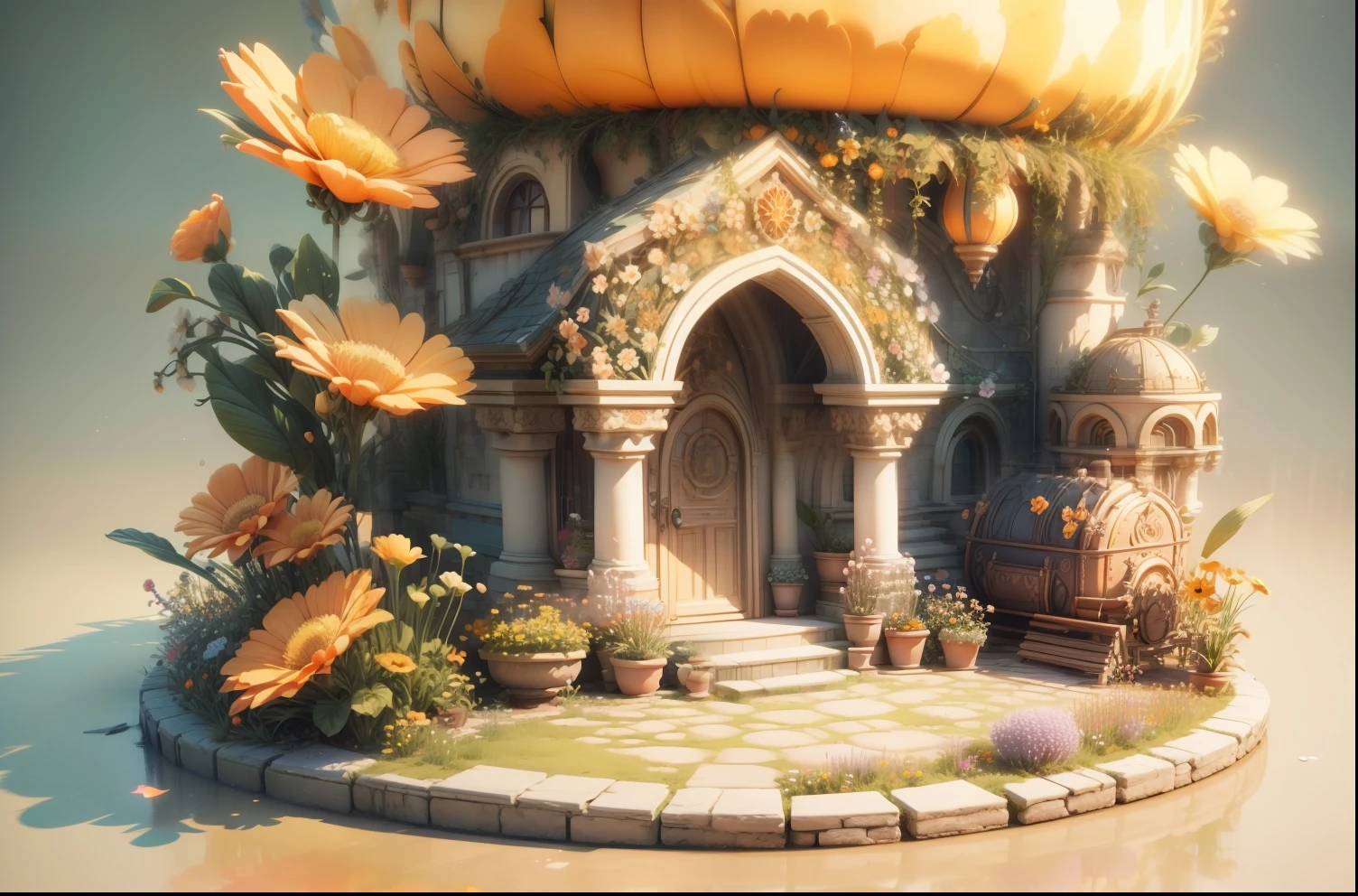 (best quality,4k,highres,masterpiece:1.2), ultra-detailed, realistic:1.37, 3D artwork with soft colors, intricate 3D digital art, soft orange color palette, stylized 3D graphics, complex 3D shapes, flowers with intricate details, digital artwork with 3D graphics, digital artwork with 3D visuals, immersive 4D art installation, vibrant and magical seven-color flowers, 3D illustration, 4D color rendering of a courtyard.