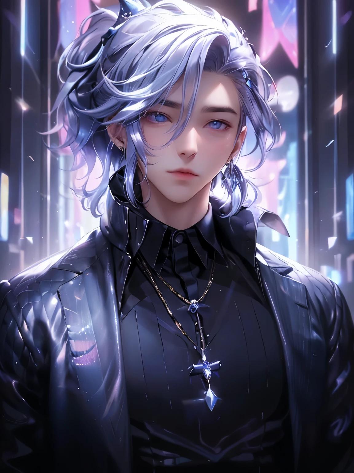 スリムな身体、man、mesmerize、Cute Men、Elegant hairstyle、indigo hair color、Slightly shorter hair、blue eyes、look at the viewer、masterpiece、Best image、