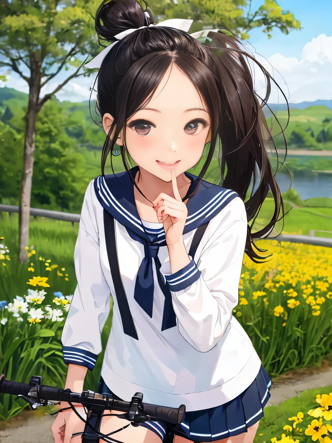 (8K、RAW photo、highest quality)、detailed background、beautiful and detailed face、beautiful and smooth skin、skin texture、professional lighting、Cute beautiful Iful Girl、Cute character wearing a sailor suit.、The costume is a uniform with a sailor collar and ribbon..、Cute Ponytail、 sleeveless、knee high socks、pleated mini skirt、Riding a road bike through the countryside、
wide々Beautiful rural scenery and the four seasons々enjoy the changes in.。golden ears of rice and flowers々The scenery of blooming flowers enriches the soul..。smile