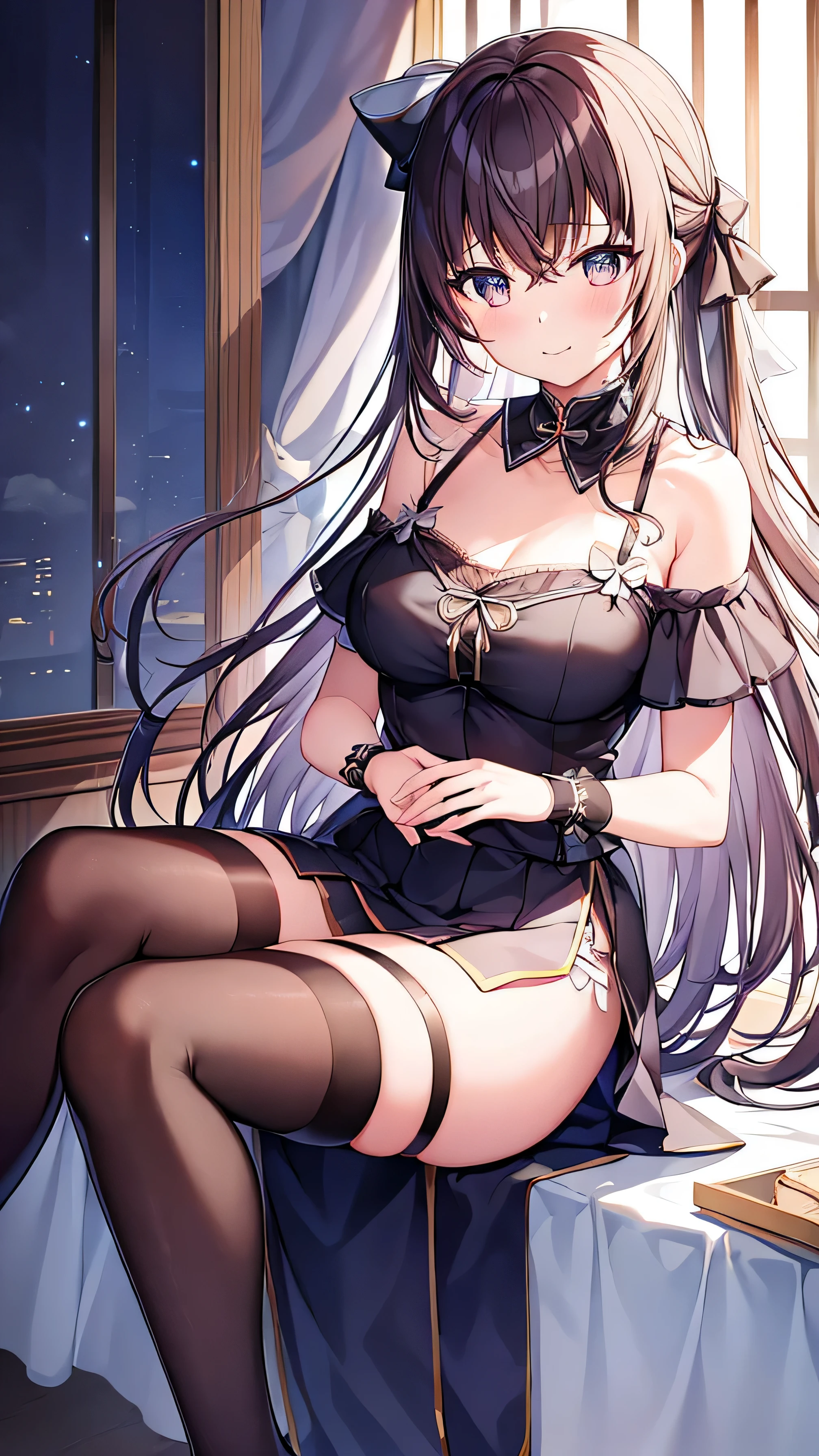 1 girl, Ichinose Fana, 独自of, boobgasm, 长of_hair, 高抬leg, 蓝色of_Eye, garter_Shoulder strap, Split, Smile, 橙色of_hair, hair_bow, watch_exist_audience, bow, two_side_up, 中等of_boobgasm, sitting, 红色of_bow, hand_between_leg, clavicle, signexisture, Alcohol, collar, between_leg, off_Shoulder, blush, labcoexist, Bangs, 模糊of, 棕色of_高抬leg, 波浪状of_hair, skirt, 仅有of_Shoulders, closure_Mouth, 模糊of_background, :3, cross-laced_clothing, 红色of_skirt, _username, 黑色of_collar, 黑色of_高抬leg, Open_clothing, depth_of_Place, 