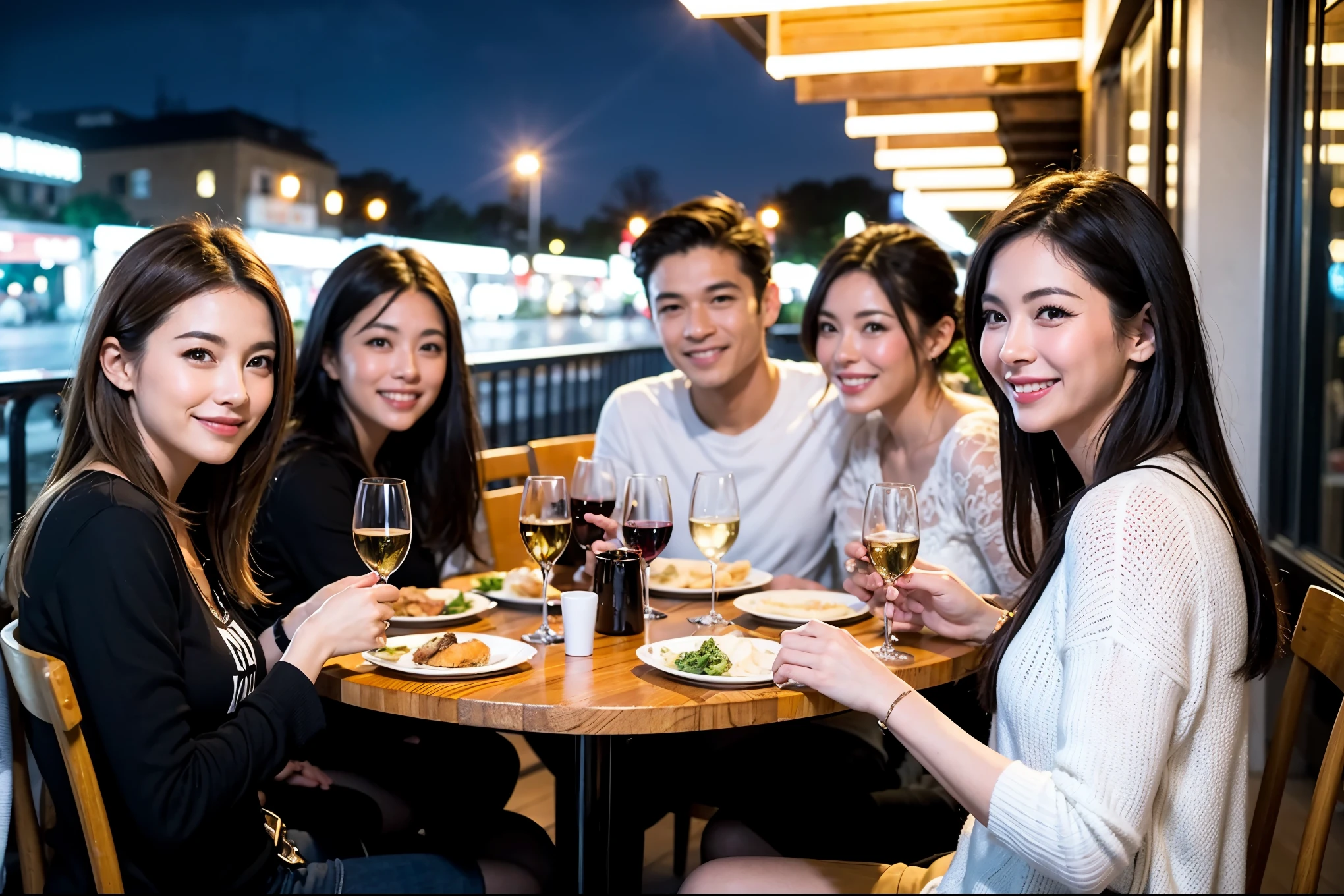 64k, UHD, highest quality, masterpiece: 1.2), (realistic, photorealistic: 1.37), Super detailed, celebration party、Beauty、beautiful mature woman、3 women who love wine、Three Men、champagne、Sparkling wine、winter night、restaurantでワイン宴会、(slimな男女4名),(Wine party for 5 people)、(slimフェイス),Happy、 最高なsmile、Fox Face、Raccoon face、Berry Short、(because I&#39;thin), (brown hair), (shortcut), long sleeve shirt、winter fashion、Colombia、Brazilian、Japanese、Dutch、German、Portuguese、Belgian、Italian、french, (gushing), (slimボティ), (brown hair), (shortcut), Neat beauty、cheeks blush a little, (41 years old), 38 years old, 35 years old、30 years old、 A beautiful and detailed night view spreads out outside the window...., restaurant, wine glassが座っている, At night, in a prominent place (from the Upper body) nova frog style, actress, model, Upper body, White wine, slim, wine glass, Very beautiful night view, wine glass Put in the Middle, Happy smile, (smile: 1.15), 