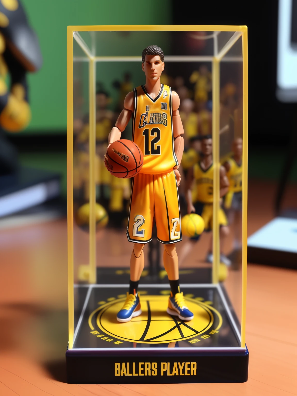 a close up of a toy basketball player in a clear case, pvc figurine, 12 figures, pop up parade figure, 3d statue!!!, 12in action figure, dribble contest winner, painted action figure, highly detailed toy, holographic case display, miniature action figure, plastic action figure, actionfigure, collectible action figure, action figurine toy