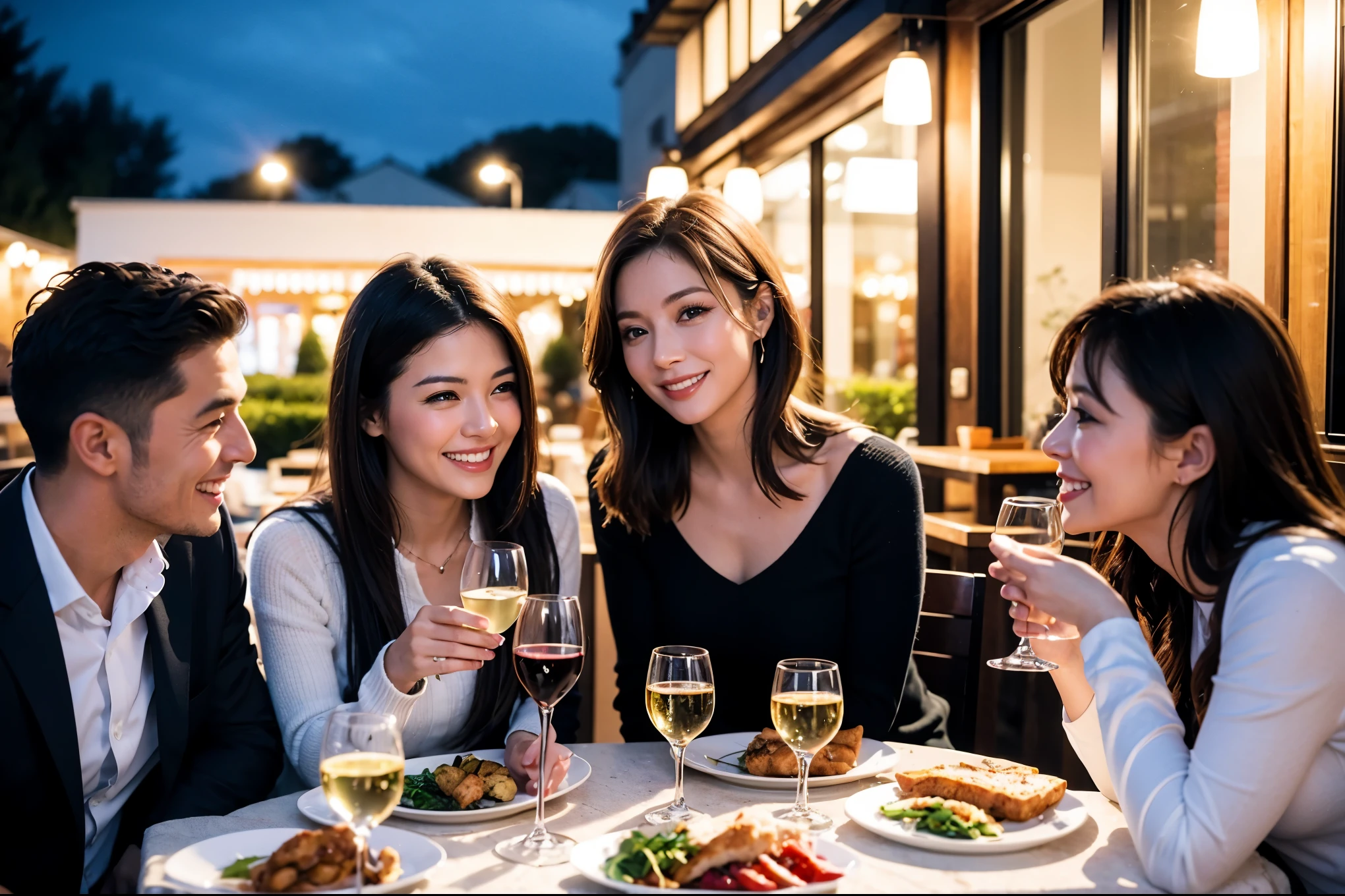 64k, UHD, highest quality, masterpiece: 1.2), (realistic, photorealistic: 1.37), Super detailed, celebration party、Beauty、beautiful mature woman、3 women who love wine、Three Men、champagne、Sparkling wine、winter night、restaurantでワイン宴会、(slimな男女4名),(Wine party for 5 people)、(slimフェイス),Happy、 最高なsmile、Fox Face、Raccoon face、Berry Short、(because I'thin), (brown hair), (shortcut), long sleeve shirt、winter fashion、Colombia、Brazilian、Japanese、Dutch、German、Portuguese、Belgian、Italian、french, (gushing), (slimボティ), (brown hair), (shortcut), Neat beauty、cheeks blush a little, (41 years old), 38 years old, 35 years old、30 years old、 A beautiful and detailed night view spreads out outside the window...., restaurant, wine glassが座っている, At night, in a prominent place (from the Upper body) nova frog style, actress, model, Upper body, White wine, slim, wine glass, Very beautiful night view, wine glass Put in the Middle, Happy smile, (smile: 1.15),