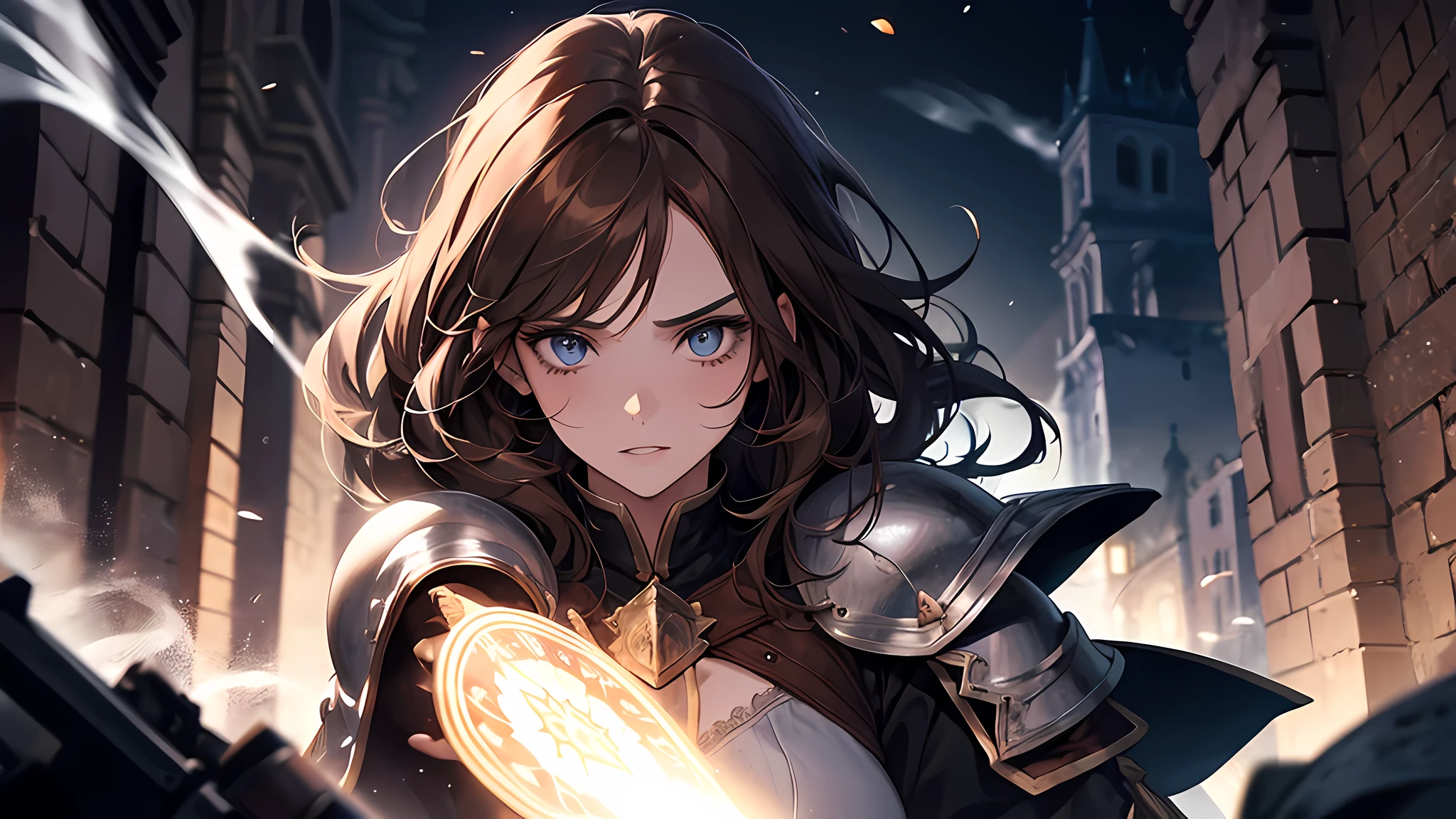 1 beautiful girl, girl in brown hair, medieval times, knight, confused face, face detailed, plump lips, no expression, calm face, detailed eyes, detailed nose, night time, dark alley, girl using magic, magic shield in hand, smoke everywhere, attack, chaos, crowded, overpowered