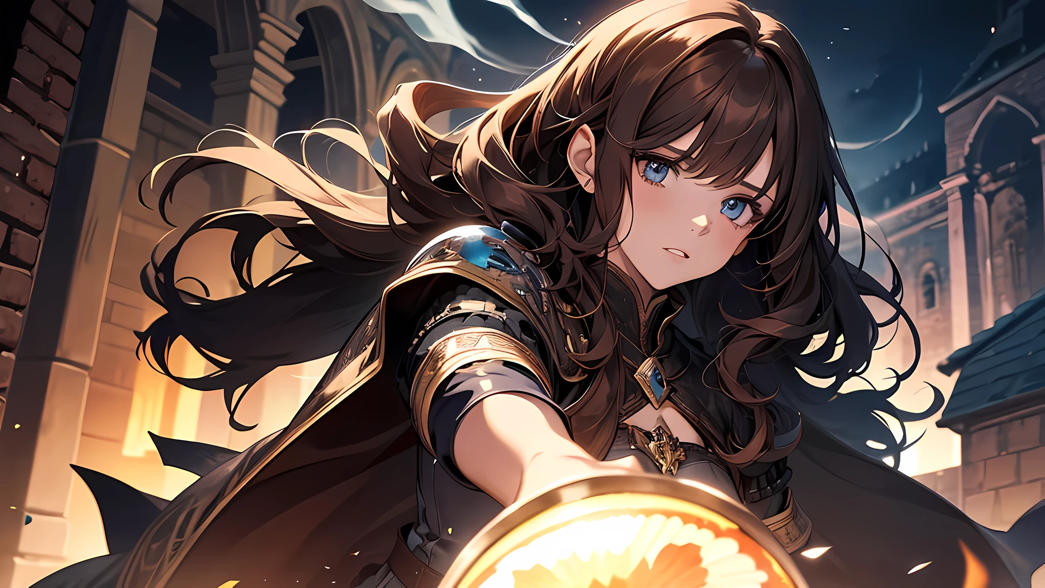 1 beautiful girl, girl in brown hair, medieval times, knight, confused face, face detailed, plump lips, no expression, calm face, detailed eyes, detailed nose, night time, dark alley, girl using magic, magic shield in hand, smoke everywhere, attack, chaos, crowded, overpowered