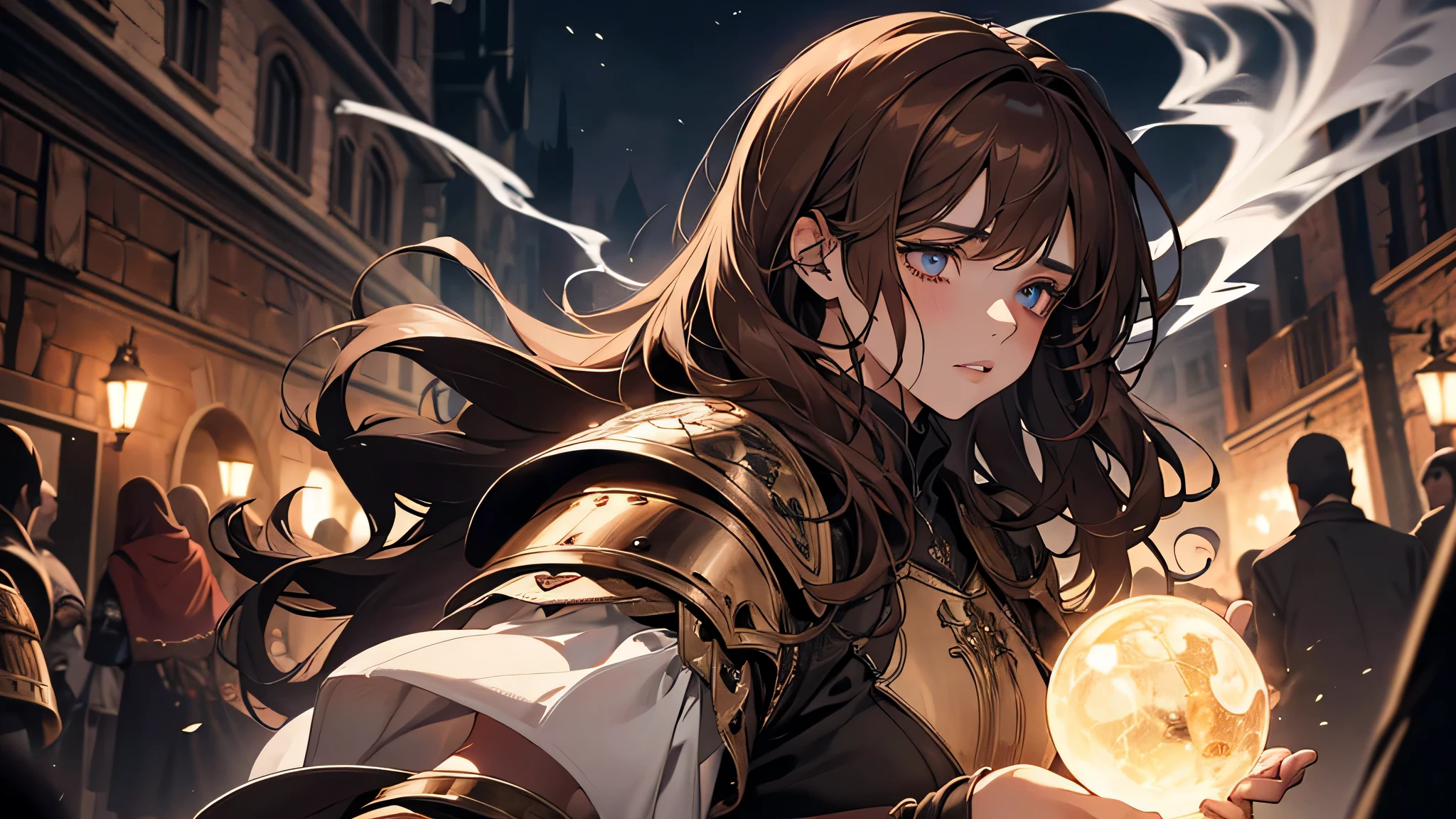 1 beautiful girl, girl in brown hair, medieval times, knight, confused face, face detailed, plump lips, no expression, calm face, detailed eyes, detailed nose, night time, dark alley, girl using magic, magic shield in hand, smoke everywhere, attack, chaos, crowded, overpowered