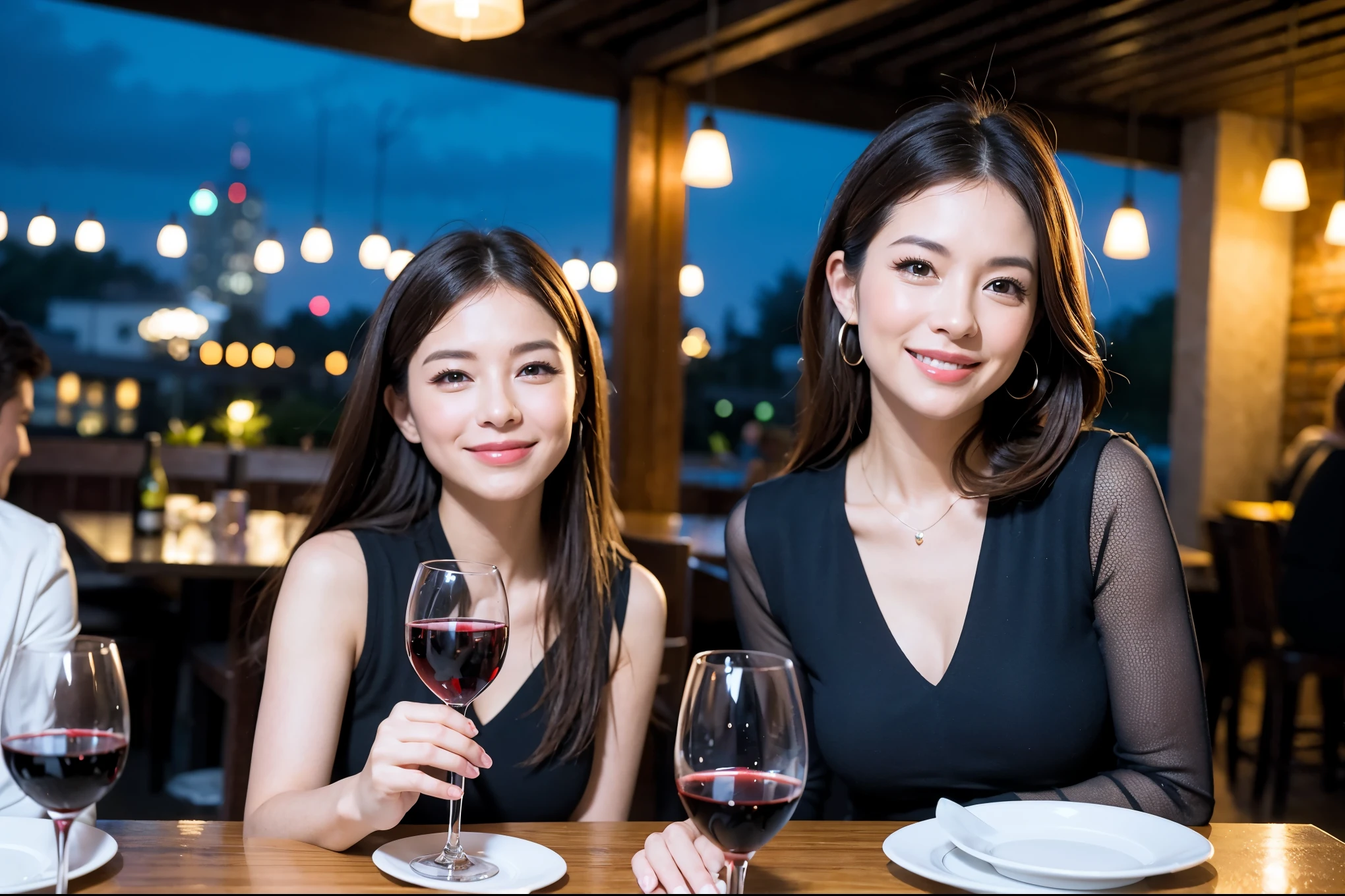 64k, UHD, highest quality, masterpiece: 1.2), (realistic, photorealistic: 1.37), Super detailed, celebration party、Beauty、beautiful mature woman、3 women who love wine、Three Men、champagne、Sparkling wine、winter night、restaurantでワイン宴会、(slimな男女4名),(Wine party for 5 people)、(slimフェイス),Happy、 最高なsmile、Fox Face、Raccoon face、Berry Short、(because I'thin), (brown hair), (shortcut), long sleeve shirt、winter fashion、Colombia、Brazilian、Japanese、Dutch、German、Portuguese、Belgian、Italian、french, (gushing), (slimボティ), (brown hair), (shortcut), Neat beauty、cheeks blush a little, (41 years old), 38 years old, 35 years old、32 years old、 A beautiful and detailed night view spreads out outside the window...., restaurant, wine glassが座っている, At night, in a prominent place (from the Upper body) nova frog style, actress, model, Upper body, White wine, slim, wine glass, Very beautiful night view, wine glass Put in the Middle, Happy smile, (smile: 1.15),