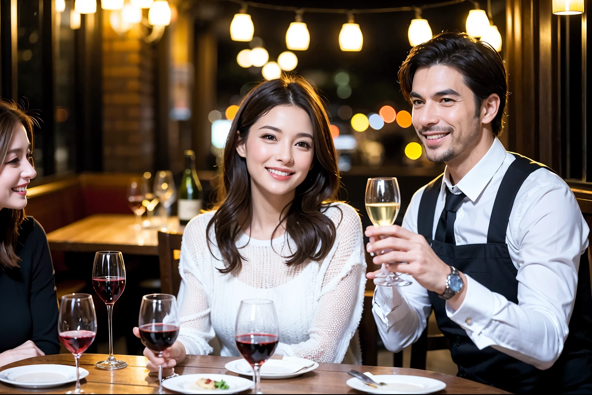 64k, UHD, highest quality, masterpiece: 1.2), (realistic, photorealistic: 1.37), Super detailed, celebration party、Beauty、beautiful mature woman、3 women who love wine、Three Men、champagne、Sparkling wine、winter night、restaurantでワイン宴会、(slimな男女4名),(Wine party for 5 people)、(slimフェイス),Happy、 最高なsmile、Fox Face、Raccoon face、Berry Short、(because I'thin), (brown hair), (shortcut), long sleeve shirt、winter fashion、Colombia、Brazilian、Japanese、Dutch、German、Portuguese、Belgian、Italian、french, (gushing), (slimボティ), (brown hair), (shortcut), Neat beauty、cheeks blush a little, (41 years old), 38 years old, 35 years old、32 years old、 A beautiful and detailed night view spreads out outside the window...., restaurant, wine glassが座っている, At night, in a prominent place (from the Upper body) nova frog style, actress, model, Upper body, White wine, slim, wine glass, Very beautiful night view, wine glass Put in the Middle, Happy smile, (smile: 1.15),