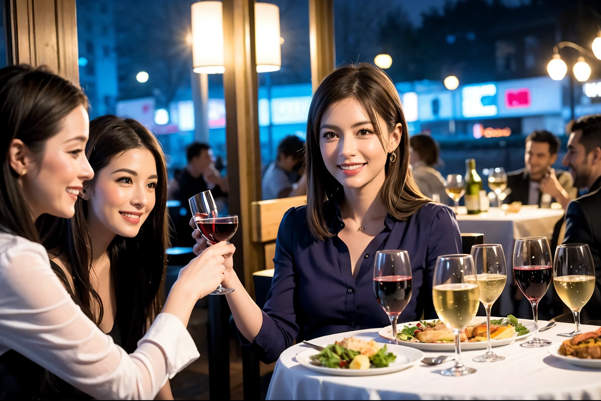 64k, UHD, highest quality, masterpiece: 1.2), (realistic, photorealistic: 1.37), Super detailed, celebration party、Beauty、beautiful mature woman、3 women who love wine、Three Men、champagne、Sparkling wine、winter night、restaurantでワイン宴会、(slimな男女4名),(Wine party for 5 people)、(slimフェイス),Happy、 最高なsmile、Fox Face、Raccoon face、Berry Short、(because I'thin), (brown hair), (shortcut), long sleeve shirt、winter fashion、Colombia、Brazilian、Japanese、Dutch、German、Portuguese、Belgian、Italian、french, (gushing), (slimボティ), (brown hair), (shortcut), Neat beauty、cheeks blush a little, (41 years old), 38 years old, 35 years old、32 years old、 A beautiful and detailed night view spreads out outside the window...., restaurant, wine glassが座っている, At night, in a prominent place (from the Upper body) nova frog style, actress, model, Upper body, White wine, slim, wine glass, Very beautiful night view, wine glass Put in the Middle, Happy smile, (smile: 1.15),