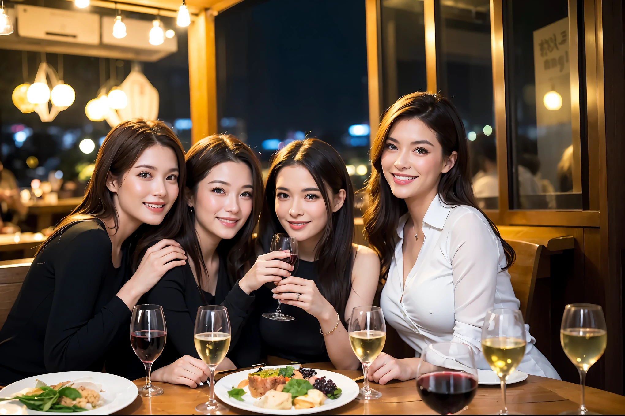 64k, UHD, highest quality, masterpiece: 1.2), (realistic, photorealistic: 1.37), Super detailed, celebration party、Beauty、beautiful mature woman、3 women who love wine、Three Men、champagne、Sparkling wine、winter night、restaurantでワイン宴会、(slimな男女4名),(Wine party for 5 people)、(slimフェイス),Happy、 最高なsmile、Fox Face、Berry Short、(because I'thin), (brown hair), (shortcut), long sleeve shirt、winter fashion、Japanese、Dutch、German、Portuguese、Belgian、Italian、french, (gushing), (slimボティ), (brown hair), (shortcut), Neat beauty、cheeks blush a little, (34 years old), 38 years old,32 years old、40 years old、 A beautiful and detailed night view spreads out outside the window...., restaurant, wine glassが座っている, At night, in a prominent place (from the Upper body) nova frog style, actress, model, Upper body, White wine, slim, wine glass, Very beautiful night view, wine glass Put in the Middle, Happy smile, (smile: 1.15),