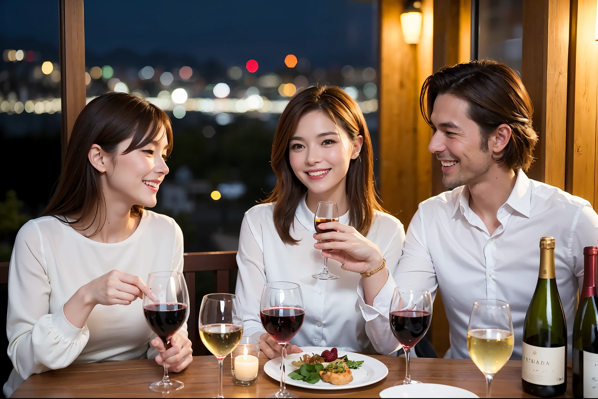 64k, UHD, highest quality, masterpiece: 1.2), (realistic, photorealistic: 1.37), Super detailed, celebration party、Beauty、beautiful mature woman、3 women who love wine、Three Men、champagne、Sparkling wine、winter night、restaurantでワイン宴会、(slimな男女4名),(Wine party for 5 people)、(slimフェイス),Happy、 最高なsmile、Fox Face、Berry Short、(because I'thin), (brown hair), (shortcut), long sleeve shirt、winter fashion、Japanese、Dutch、German、Portuguese、Belgian、Italian、french, (gushing), (slimボティ), (brown hair), (shortcut), Neat beauty、cheeks blush a little, (34 years old), 38 years old,32 years old、40 years old、 A beautiful and detailed night view spreads out outside the window...., restaurant, wine glassが座っている, At night, in a prominent place (from the Upper body) nova frog style, actress, model, Upper body, White wine, slim, wine glass, Very beautiful night view, wine glass Put in the Middle, Happy smile, (smile: 1.15),