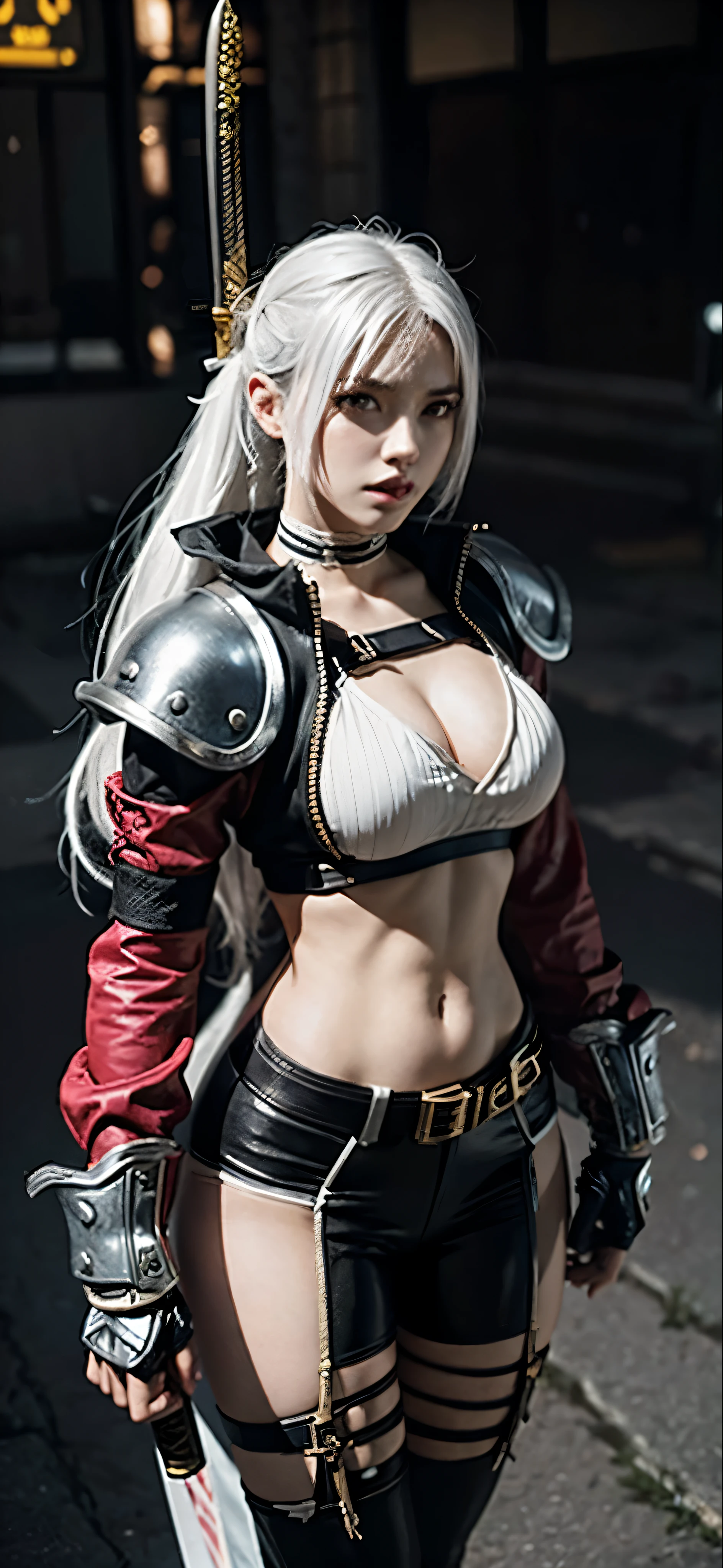 a close up of a person in a costume with a sword, as a character in tekken, female character, tifa lockhart with white hair, katana zero video game character, lunar themed attire, kda, slim body, cyborg - girl with silver hair, upper body avatar, fashion gameplay screenshot, fighting game character, new character, floralpunk elysian maiden, sigma female