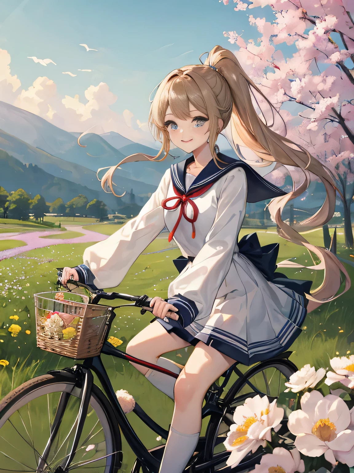 (8K、RAW photo、highest quality)、detailed background、beautiful and detailed face、beautiful and smooth skin、skin texture、professional lighting、Cute beautiful Iful Girl、Cute character wearing a sailor suit.、 The costume is an elegant dress with a sailor collar and ribbon..、Cute Ponytail、 sleeveless、knee high socks、Riding a road bike through the countryside、
wide々Beautiful rural scenery and the four seasons々enjoy the changes in.。golden ears of rice and flowers々The scenery of blooming flowers enriches the soul..。smile