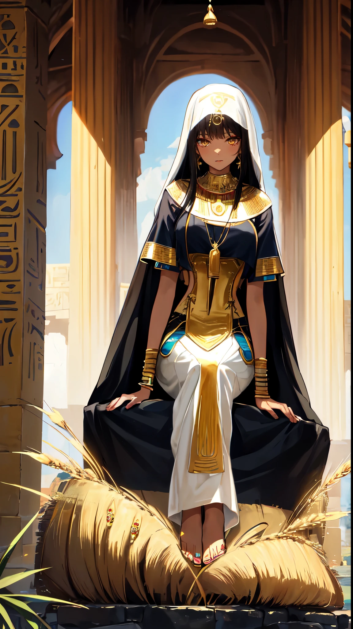 (sitting position:2.0)(brown skin：2.0)same character，long black hair,Standing close-up,civilization,Mature beauty,Long narrow eyes,wheat colored skin,Qi bangs,golden eyes,(eye shadow,makeup feel),Ancient Egyptcivilization,Oasis background,(The Nile,Nile River,Epic feeling),A wide range of jewelry,(Style white long skirt,priestess dress,veil),necklace,her wheat-colored skin,Exotic,barefoot,Gemstone anklets,Detailedly drawn backgrounds