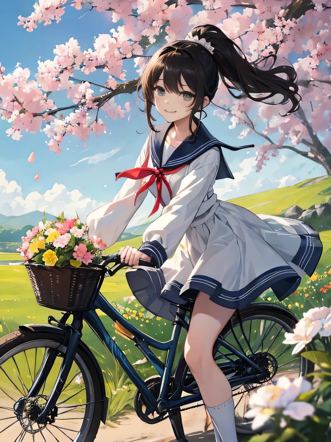 (8K、RAW photo、highest quality)、detailed background、beautiful and detailed face、beautiful and smooth skin、skin texture、professional lighting、Cute beautiful Iful Girl、Cute character wearing a sailor suit.、 The costume is an elegant dress with a sailor collar and ribbon..、Cute Ponytail、 sleeveless、knee high socks、Riding a road bike through the countryside、
wide々Beautiful rural scenery and the four seasons々enjoy the changes in.。golden ears of rice and flowers々The scenery of blooming flowers enriches the soul..。smile
