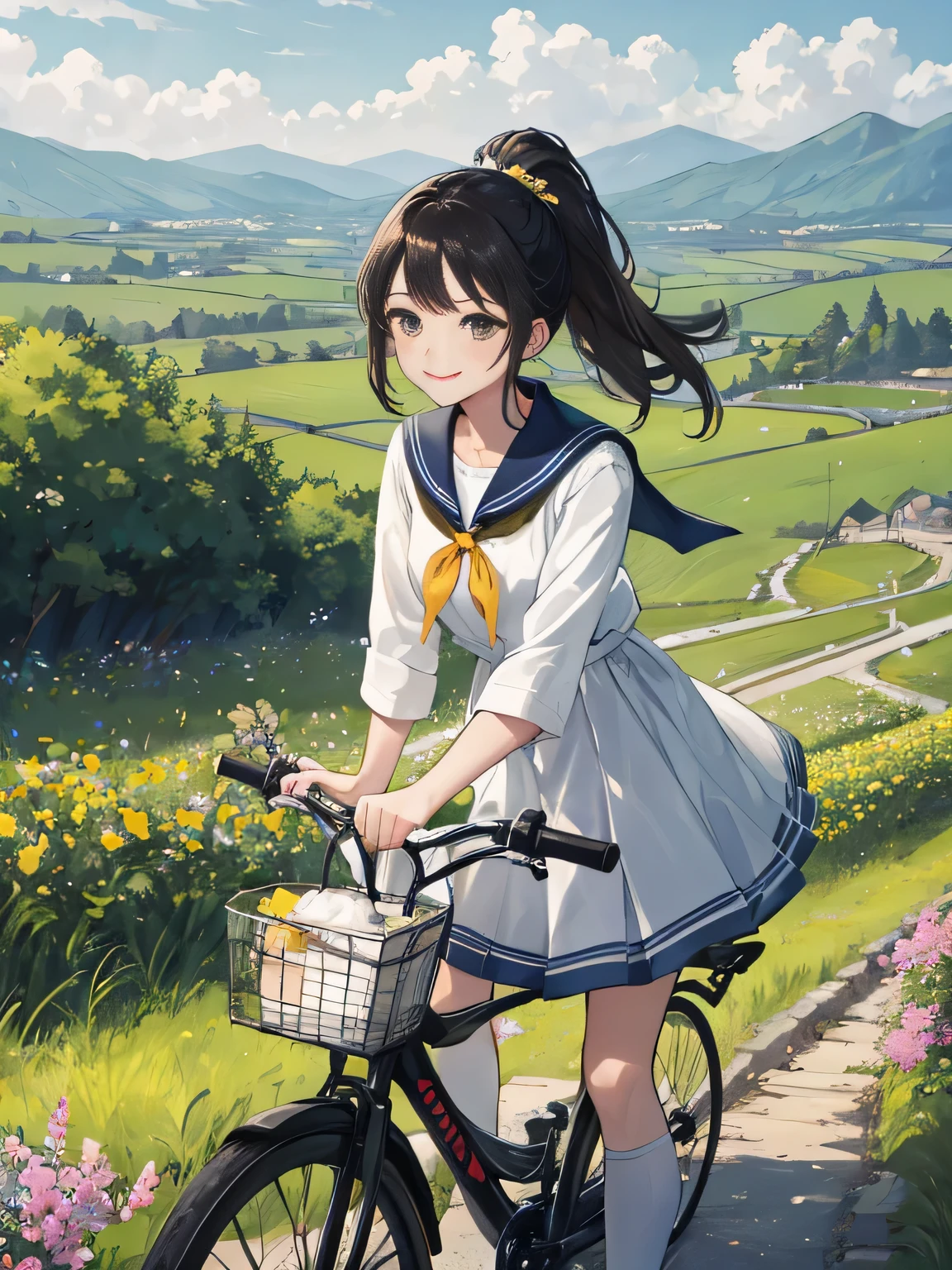 (8K、RAW photo、highest quality)、detailed background、beautiful and detailed face、beautiful and smooth skin、skin texture、professional lighting、Cute beautiful Iful Girl、Cute character wearing a sailor suit.、 The costume is an elegant dress with a sailor collar and ribbon..、Cute Ponytail、 sleeveless、knee high socks、Riding a road bike through the countryside、
wide々Beautiful rural scenery and the four seasons々enjoy the changes in.。golden ears of rice and flowers々The scenery of blooming flowers enriches the soul..。smile