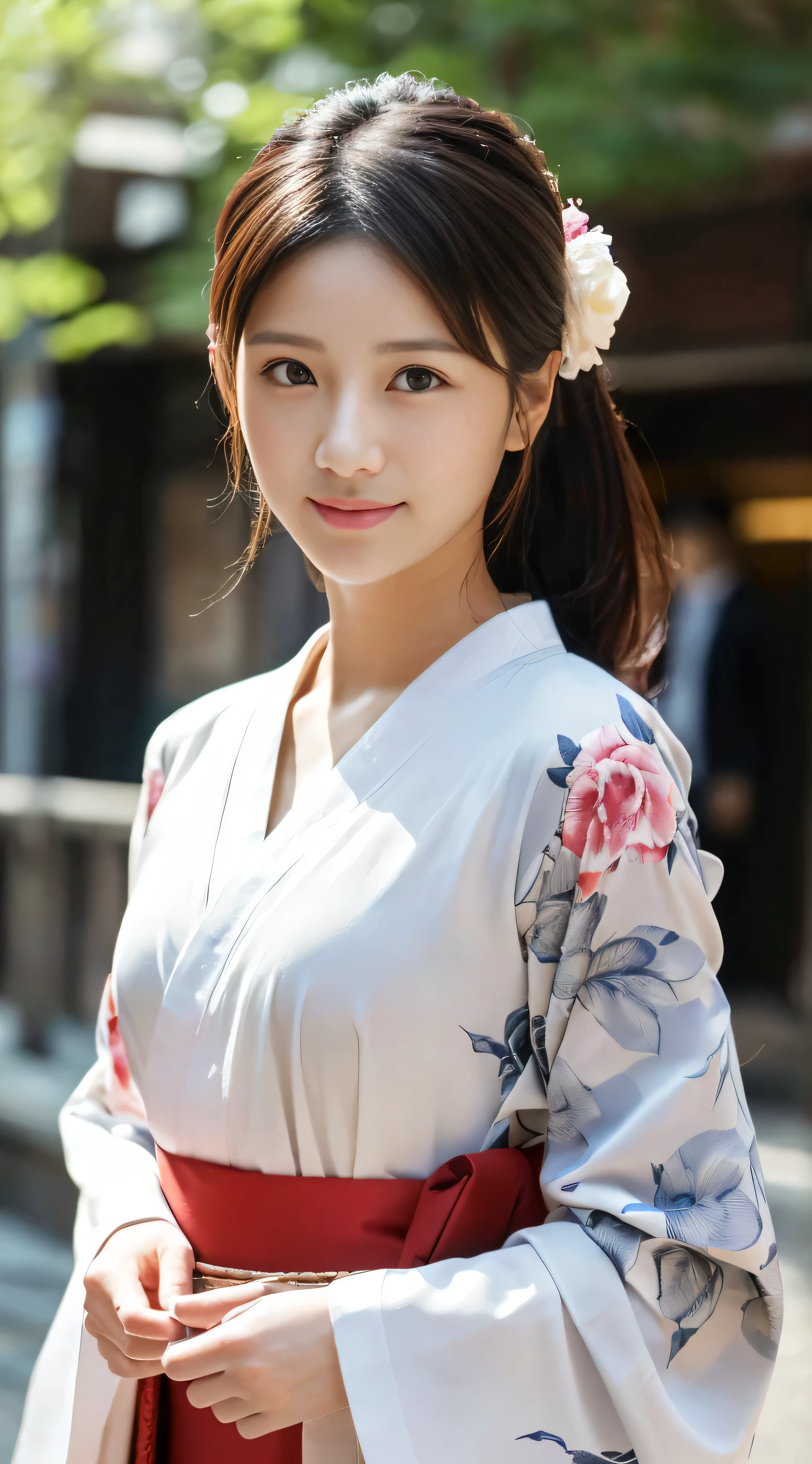 ((masterpiece))、((((Highest image quality))、((High resolution))、((High Definition CGUnity 8k Wallpapers))、solo、Kimono with white floral pattern、Red band、outdoor、The background is the lively area of Dotonbori、facial details、facial details、chestnut hair、High resolution画像でカメラを見つめながら微笑んでいます