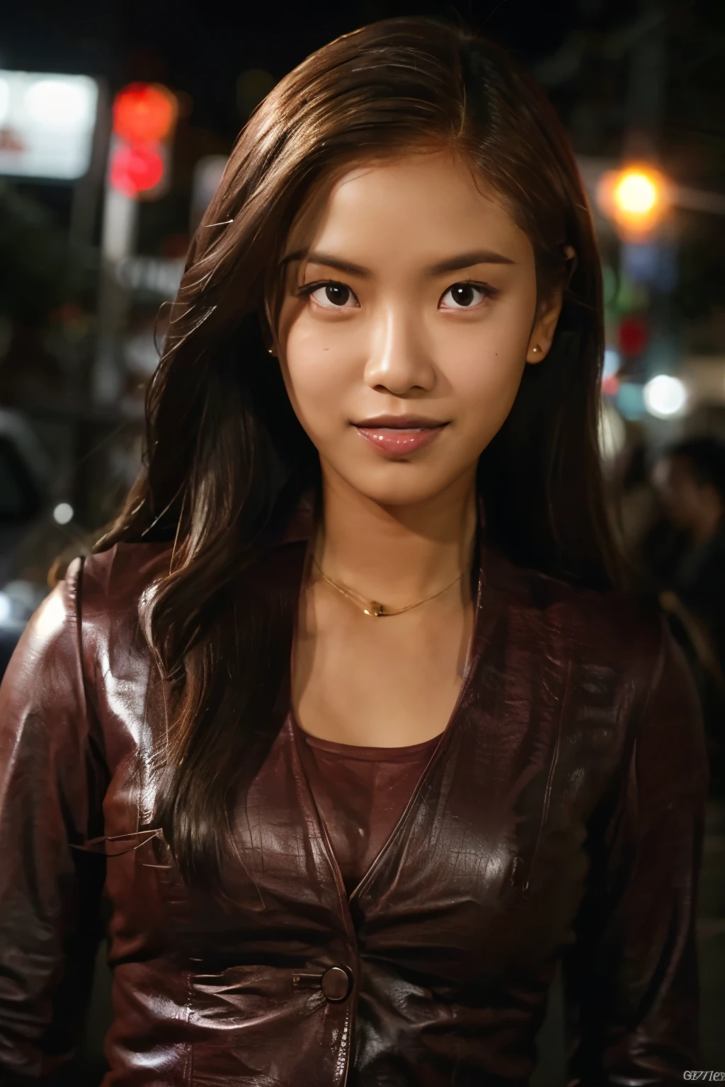 best quality, realistic, front pov, a female Indonesian supermodel, KristannaTX in a los angeles city street, night time, dark, (a female Indonesian supermodel), (wine red leather jacket:1.0), seductive smirk, (long hair), (dark hair) (straight hair:1.1), perfect face, perfect eyes, (deep focus), (clear lighting), (hard lighting:1.0)