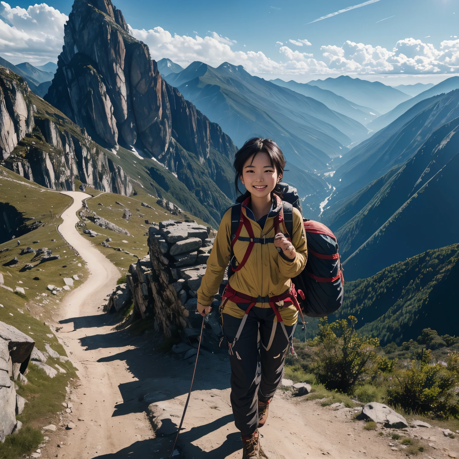 In 8K、highest quality、masterpiece、Super detailed、ultra high resolution、mountain girl、young、girl、mountain climbing、smile、rucksack、cute、in front of my eyes、hot spring、full body portrait、snap shot、walk、mountain climbing道、Steep road、sense of achievement、Spectacular view、