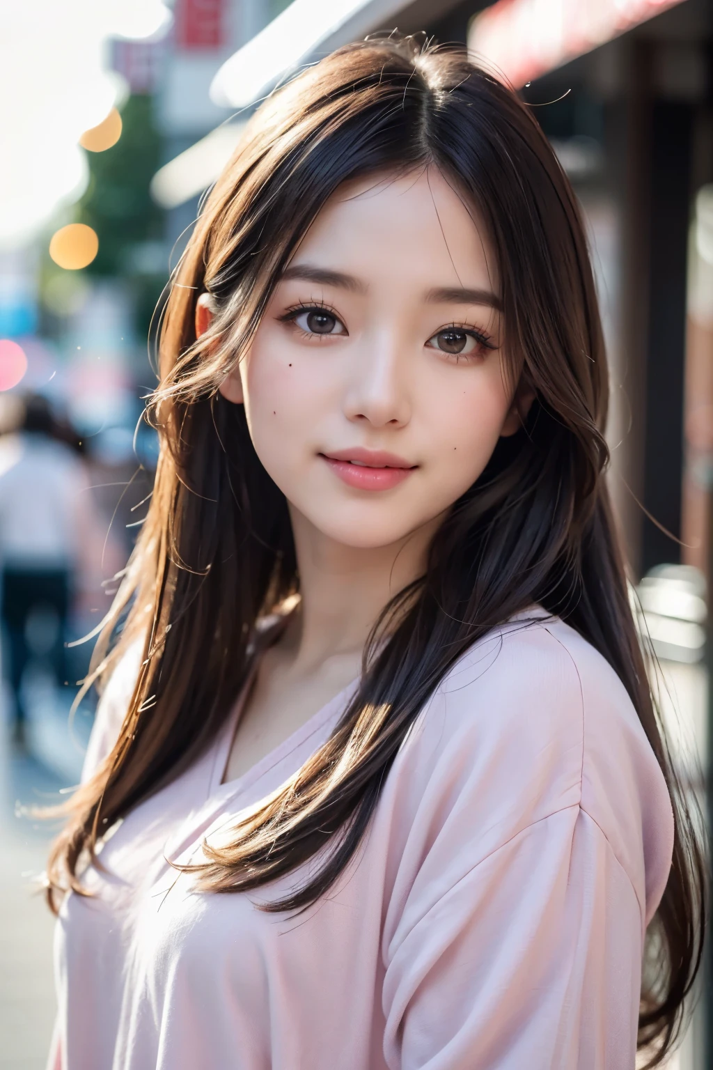 (8k, Best Quality, Masterpiece:1.2), (Realistic, Photorealistic:1.37), Ultra Detail, 1 Girl,Cute,Solo, Portrait, street photography, natural light, bokeh, Chinese beauty, long silky hair, chic and comfortable, casual clothing, Beautiful Detailed Sky,Date,(Blush),(Smile:1.15),Beautiful Detailed Eyes,(Long Hair: 1.2),Floating Hair NovaFrogStyle