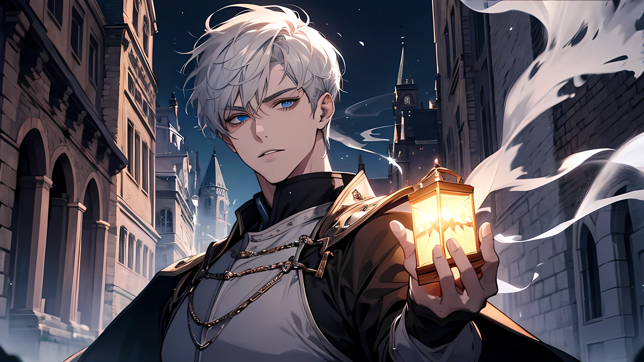 handsome young prince, short white hair with white strands, blue eyes, knight, detailed face, detailed eyes, detailed lips. medieval times, dark alley, night time, magic shield in hand, overpowered, smoke everywhere
