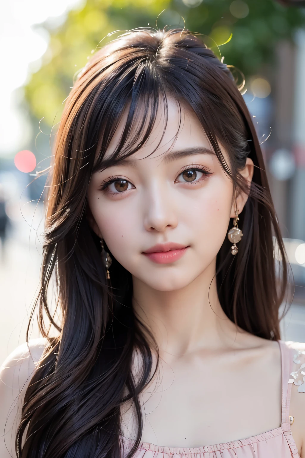 (8k, Best Quality, Masterpiece:1.2), (Realistic, Photorealistic:1.37), Ultra Detail, 1 Girl,Cute,Solo, Portrait, street photography, natural light, bokeh, Chinese beauty, long silky hair, chic and comfortable, casual clothing, Beautiful Detailed Sky,Date,(Blush),(Smile:1.15),Beautiful Detailed Eyes,(Long Hair: 1.2),Floating Hair NovaFrogStyle