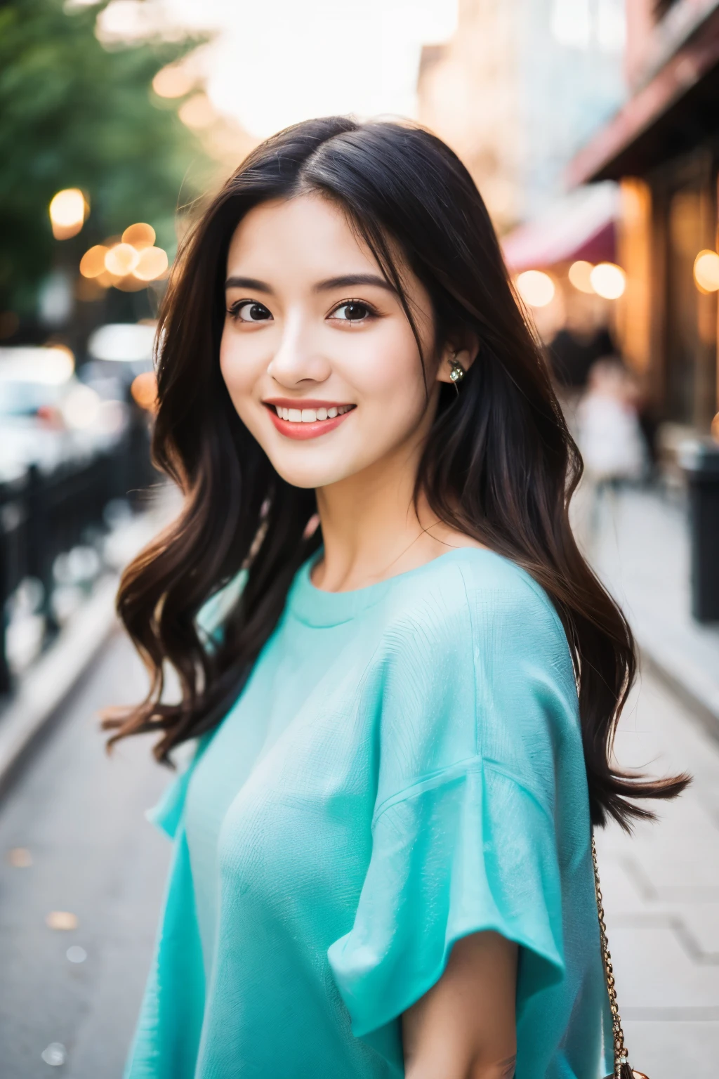 (8k, Best Quality, Masterpiece:1.2), (Realistic, Photorealistic:1.37), Ultra Detail, 1 Girl,Cute,Solo, Portrait, street photography, natural light, bokeh, Chinese beauty, long silky hair, chic and comfortable, casual clothing, Beautiful Detailed Sky,Date,(Blush),(Smile:1.15),Beautiful Detailed Eyes,(Long Hair: 1.2),Floating Hair NovaFrogStyle