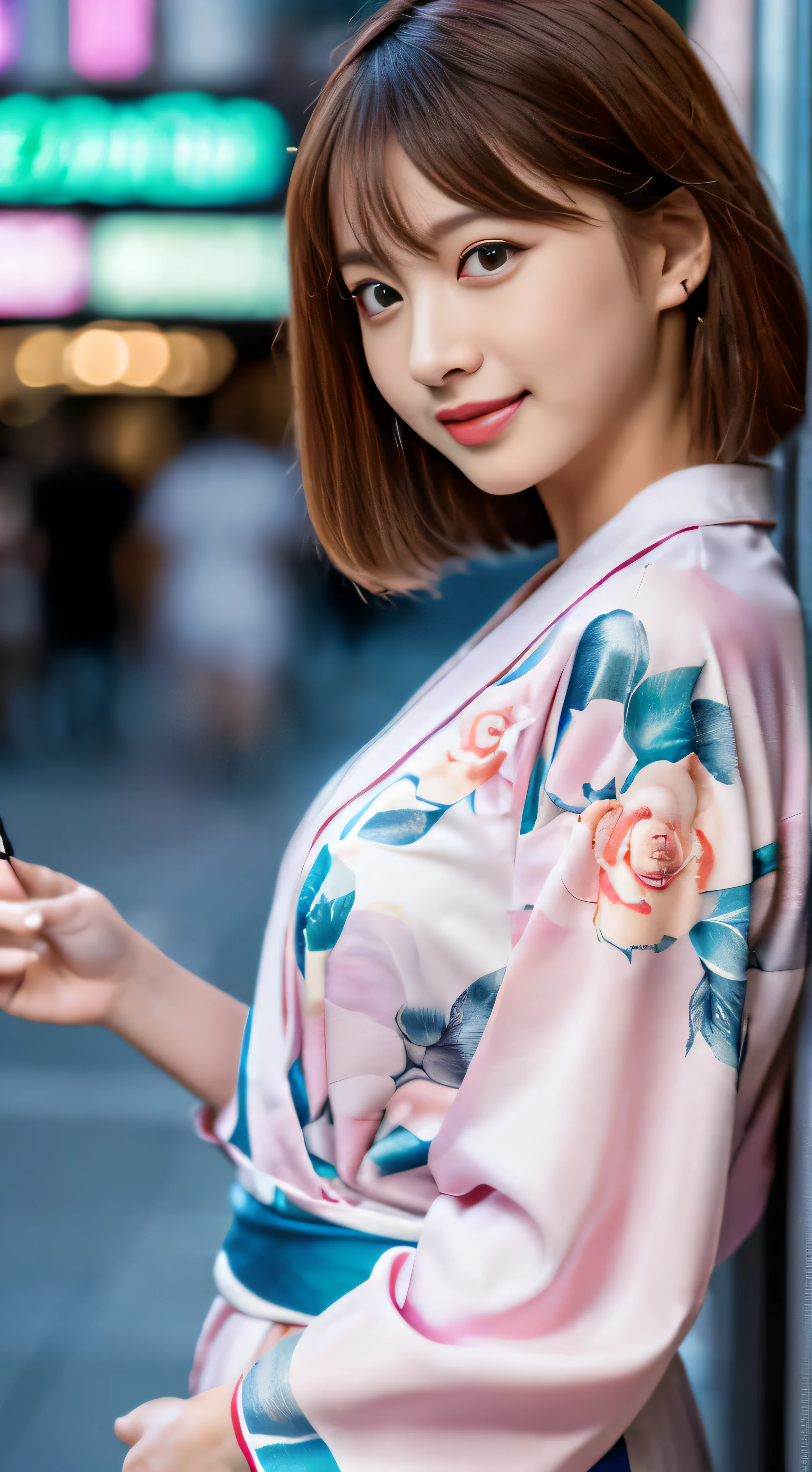 ((masterpiece))、((((Highest image quality))、((High resolution))、((High Definition CGUnity 8k Wallpapers))、solo、pink floral kimono、Blue band、outdoor、The background is the lively area of Dotonbori、facial details、facial details、chestnut hair、High resolution画像でカメラを見つめながら微笑んでいます