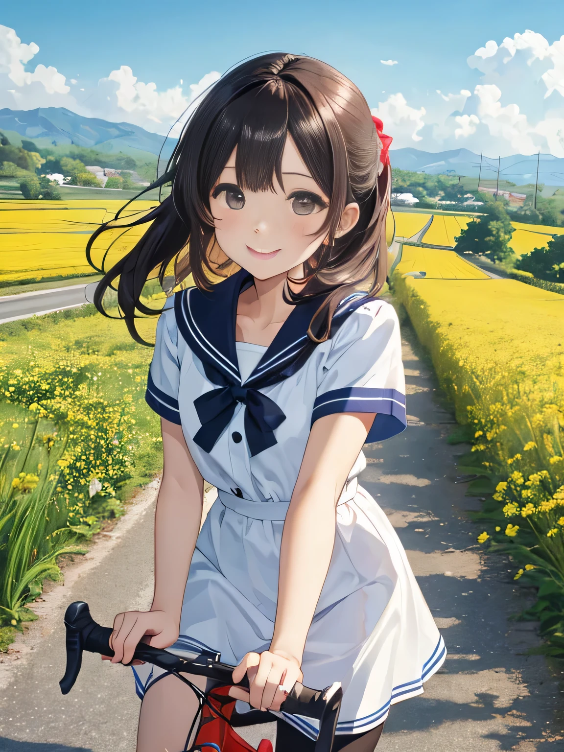(8K、RAW photo、highest quality)、detailed background、beautiful and detailed face、beautiful and smooth skin、skin texture、professional lighting、Cute beautiful Iful Girl、Cute character wearing a sailor suit.、 The costume is an elegant dress with a sailor collar and ribbon..、Sexy Pantyhose、Cute Ponytail、 Riding a road bike through the countryside、
wide々Beautiful rural scenery and the four seasons々enjoy the changes in.。golden ears of rice and flowers々The scenery of blooming flowers enriches the soul..。smile