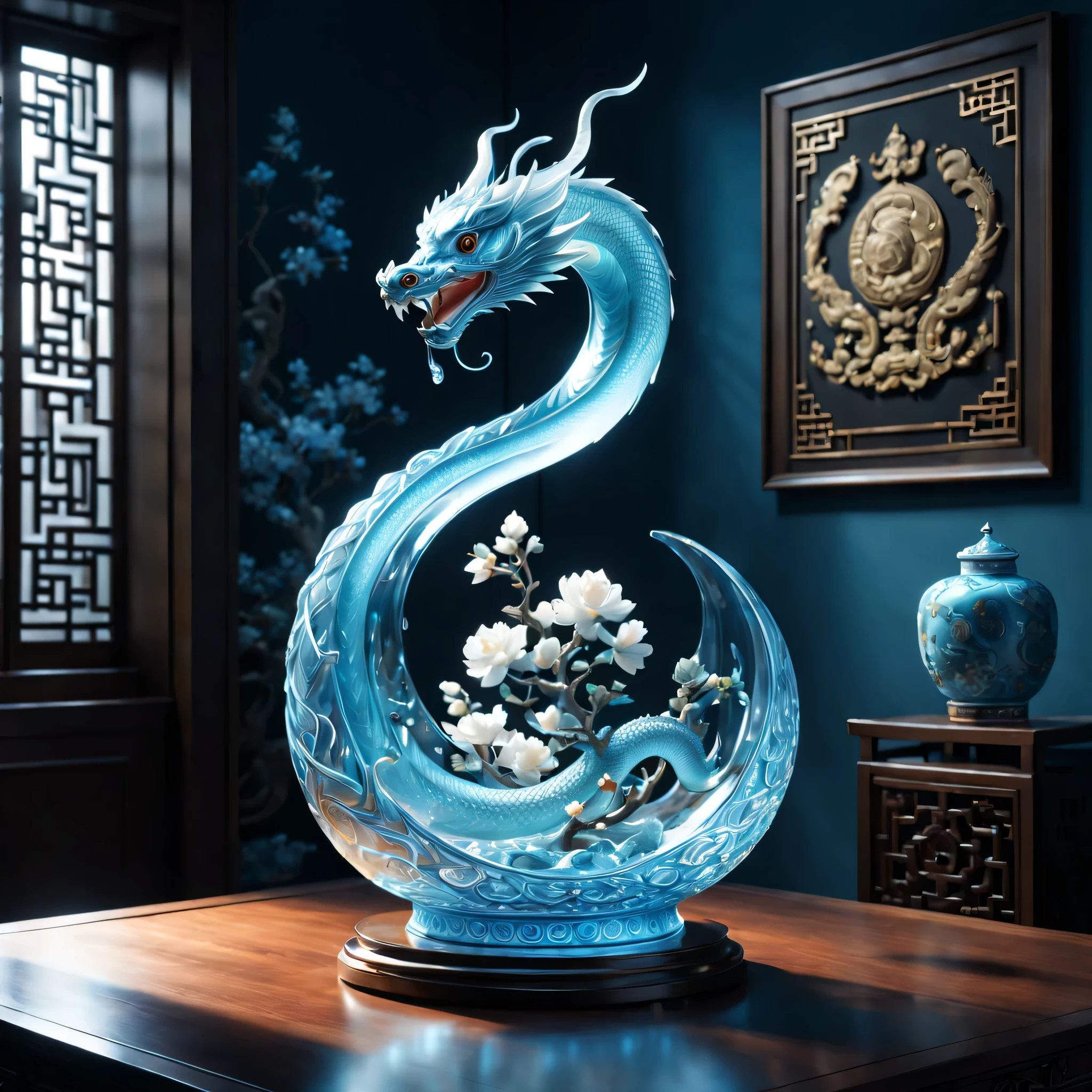 A dragon and snake are displayed in an empty room, RococoStyle, Crystal nuclei, Realistic light depiction, interesting and complex, light blue, hidden academia, World pattern,The body of the vase is illuminated by light, RococoStyle, futuristic elements, Crystal nuclei, Chinese iconography, swirl, light blue, giant money sculpture, Futuristic fantasy style, light blue, An intricate underwater world, Realistic light depiction, clear colors, Crystal nuclei, Light cyan and white, An intricate underwater world风格, Crystal nuclei, chinapunk, swirl, light blue, Glowing portrait, light box,(best quality,4K,8k,high resolution,masterpiece:1.2),super detailed,(actual,realistically,lifelike:1.37),extremely detailed glass vase，There&#39;snake on top,super detailedscp神器可以,Complex and gorgeous anime CGI style,Exquisite renderings of the Tang Dynasty,Better than Paul and James Ginn,complex artwork. Guilty car rendering,Complex 8K rendering,8k vray rendering,rendering art,filled with glass. Computer Graphics Association,High quality rendering