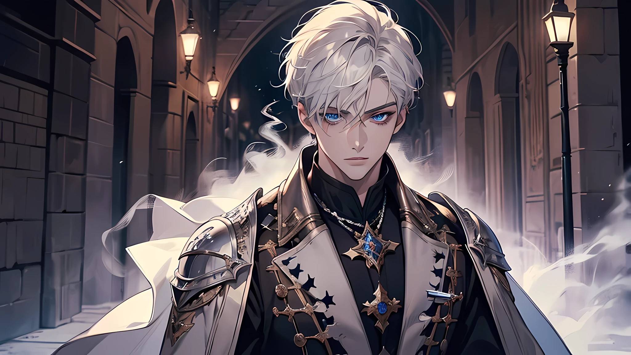 handsome young prince, short white hair with white strands, blue eyes, knight, detailed face, detailed eyes, detailed lips. medieval times, dark alley, night time, magic crest, overpowered, smoke everywhere, magician