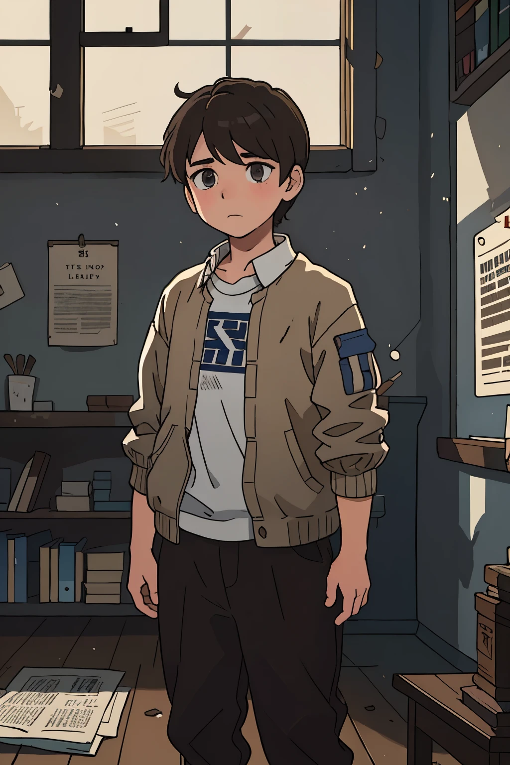 A young boy with messy brown hair and sad, deep-set eyes, dressed in tattered clothes, stoically stands in the dimly lit corner of a room. Shadows dance on the walls as the sunlight Filtering through the dusty window falls gently upon his punished figure. A sense of disappointment and regret weighs heavily upon his small frame, his shoulders slumped and his head hung low. The room, filled with the faint aroma of old books and dust, bears witness to the boy's misdeeds. Nearby, a ticking clock and the occasional creaking floorboards add to the somber atmosphere, the air thick with an undeniable sense of time passed and lessons unlearned. The