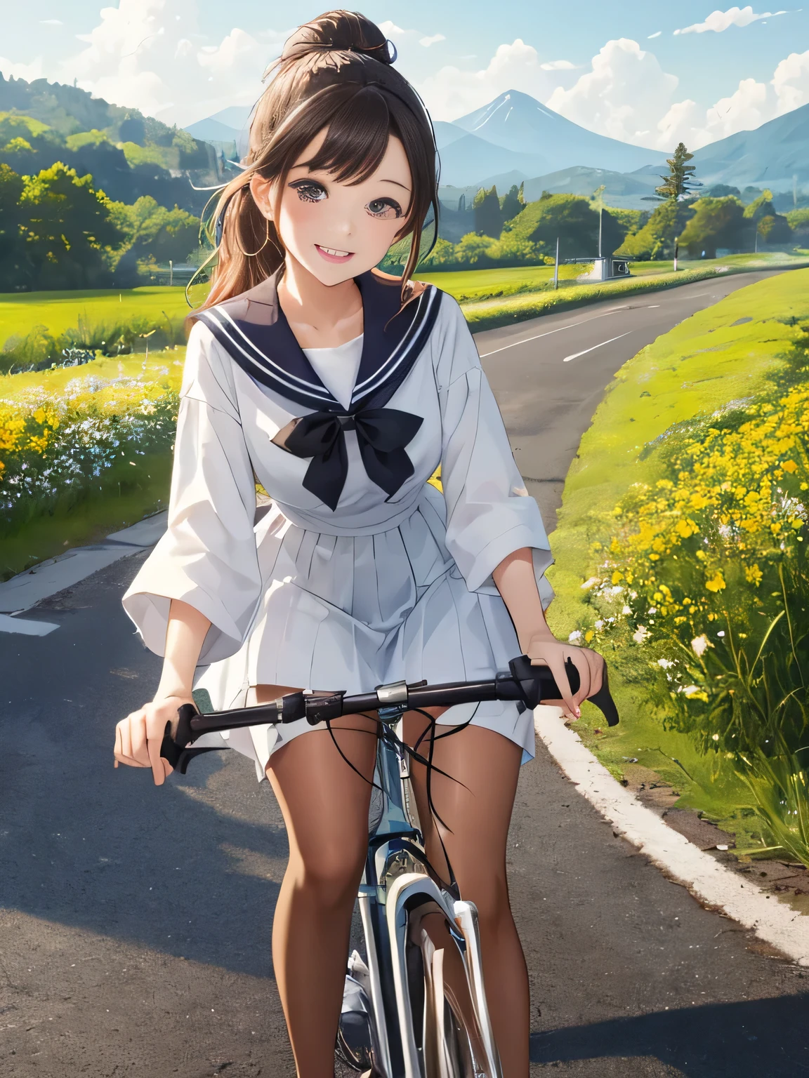 (8K、RAW photo、highest quality)、detailed background、beautiful and detailed face、beautiful and smooth skin、skin texture、professional lighting、Cute beautiful Iful Girl、Cute character wearing a sailor suit.、 The costume is an elegant dress with a sailor collar and ribbon..、Sexy Pantyhose、Cute Ponytail、 Riding a road bike through the countryside、
wide々Beautiful rural scenery and the four seasons々enjoy the changes in.。golden ears of rice and flowers々The scenery of blooming flowers enriches the soul..。smile