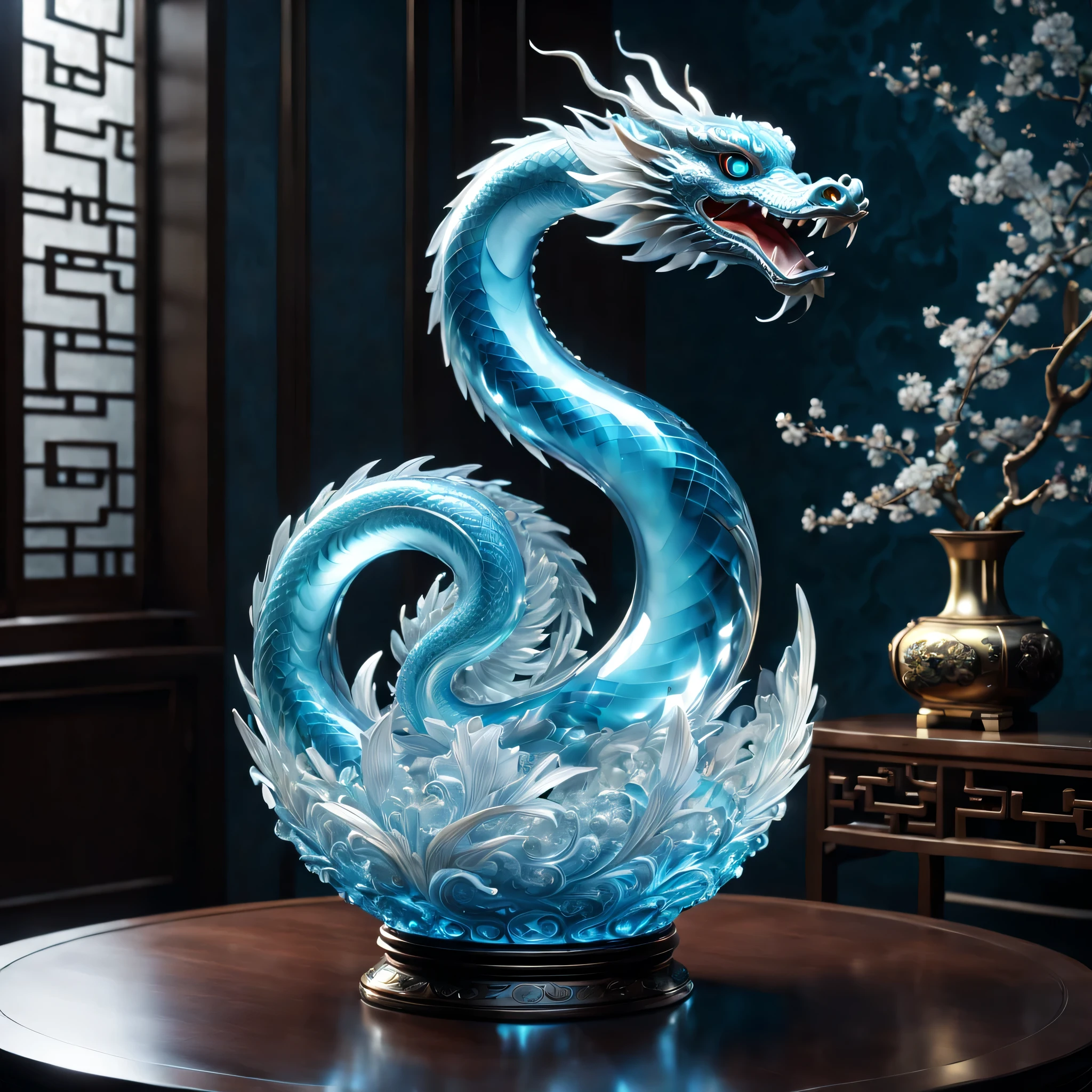 A dragon and snake are displayed in an empty room, RococoStyle, Crystal nuclei, Realistic light depiction, interesting and complex, light blue, hidden academia, World pattern,The body of the vase is illuminated by light, RococoStyle, futuristic elements, Crystal nuclei, Chinese iconography, swirl, light blue, giant money sculpture, Futuristic fantasy style, light blue, An intricate underwater world, Realistic light depiction, clear colors, Crystal nuclei, Light cyan and white, An intricate underwater world风格, Crystal nuclei, chinapunk, swirl, light blue, Glowing portrait, light box,(best quality,4K,8k,high resolution,masterpiece:1.2),super detailed,(actual,realistically,lifelike:1.37),extremely detailed glass vase,There'snake on top,super detailedscp神器可以,Complex and gorgeous anime CGI style,Exquisite renderings of the Tang Dynasty,Better than Paul and James Ginn,complex artwork. Guilty car rendering,Complex 8K rendering,8k vray rendering,rendering art,filled with glass. Computer Graphics Association,High quality rendering